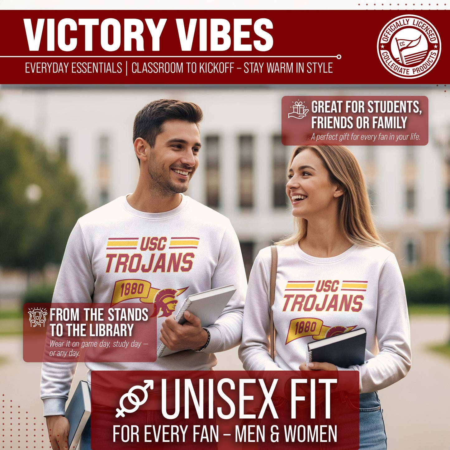 USC Trojans NCAA Adult Unisex Varsity Club Pennant Crewneck Fleece Sweatshirt - Off White