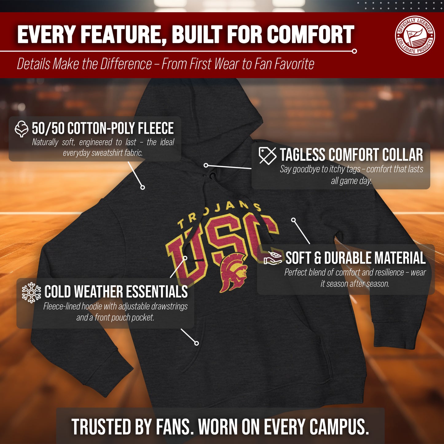 USC Trojans NCAA Adult Unisex Starting Fresh Heathered Hooded Fleece Sweatshirt - Black Heather