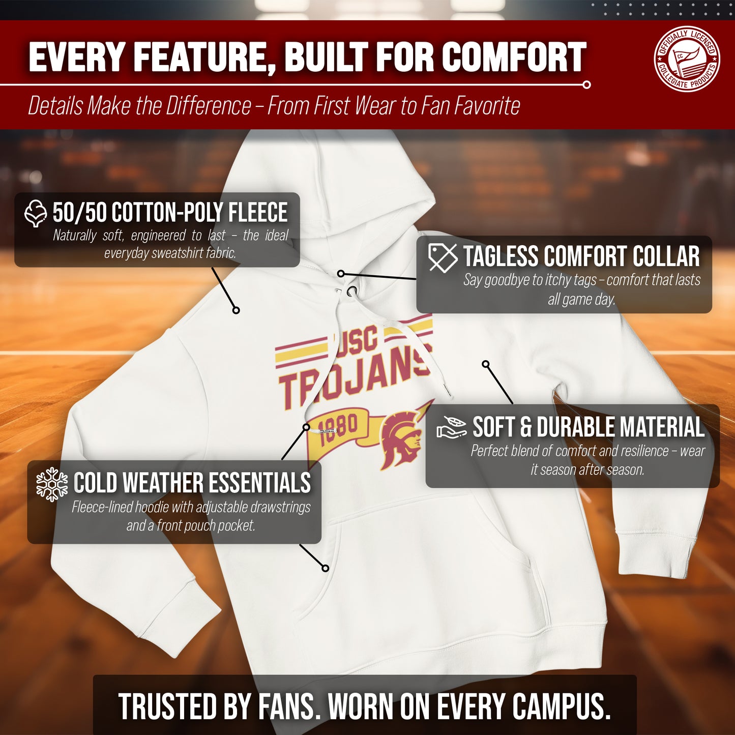 USC Trojans NCAA Adult Unisex Varsity Club Pennant Hooded Fleece Sweatshirt - Off White