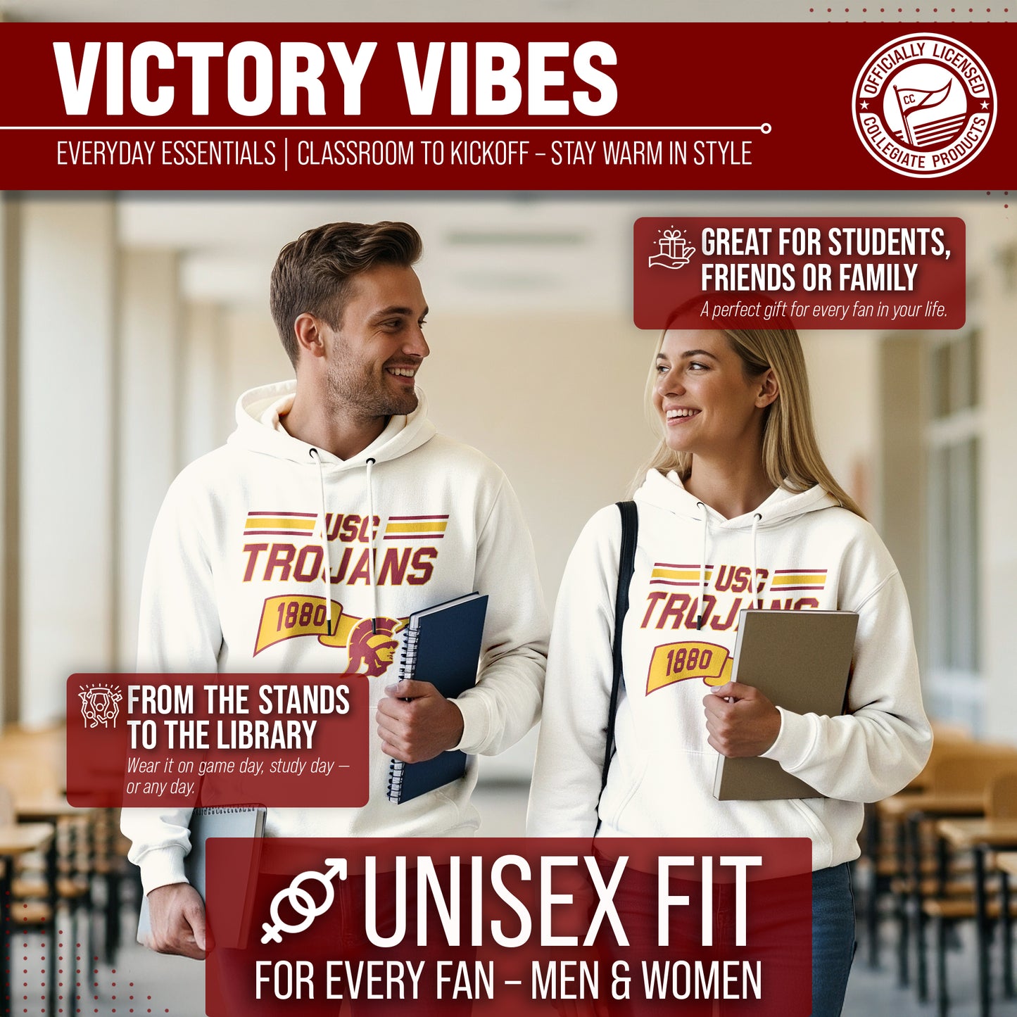 USC Trojans NCAA Adult Unisex Varsity Club Pennant Hooded Fleece Sweatshirt - Off White
