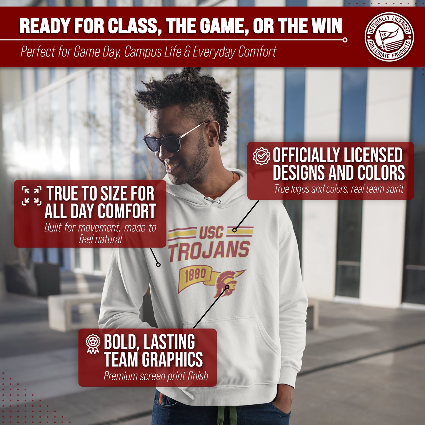 USC Trojans NCAA Adult Unisex Varsity Club Pennant Hooded Fleece Sweatshirt - Off White