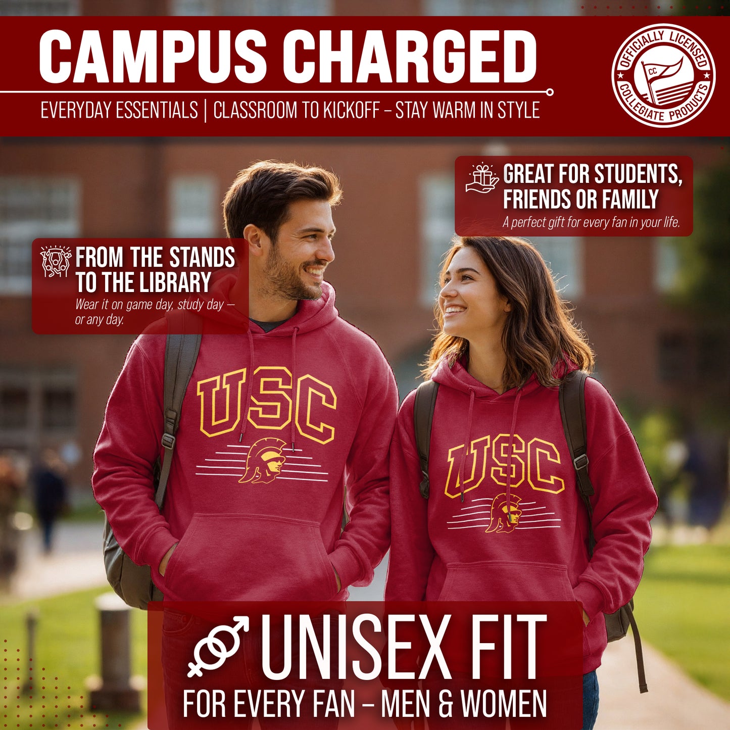 USC Trojans NCAA Adult Unisex Overtime Classics Hooded Fleece Sweatshirt - Cardinal