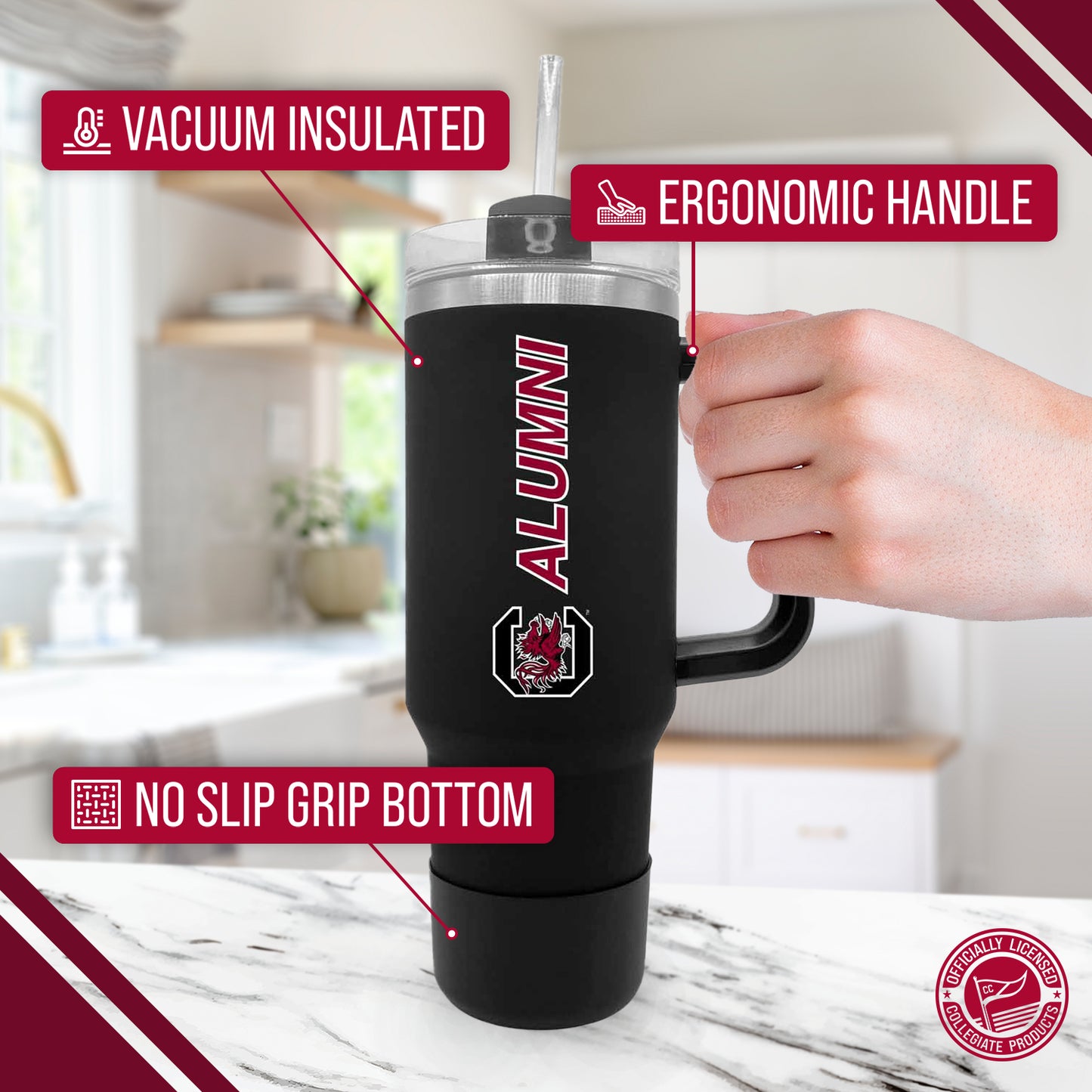 South Carolina Gamecocks Collegiate 40oz Stainless Steel Travel Tumbler with Handle for Alumni - Black