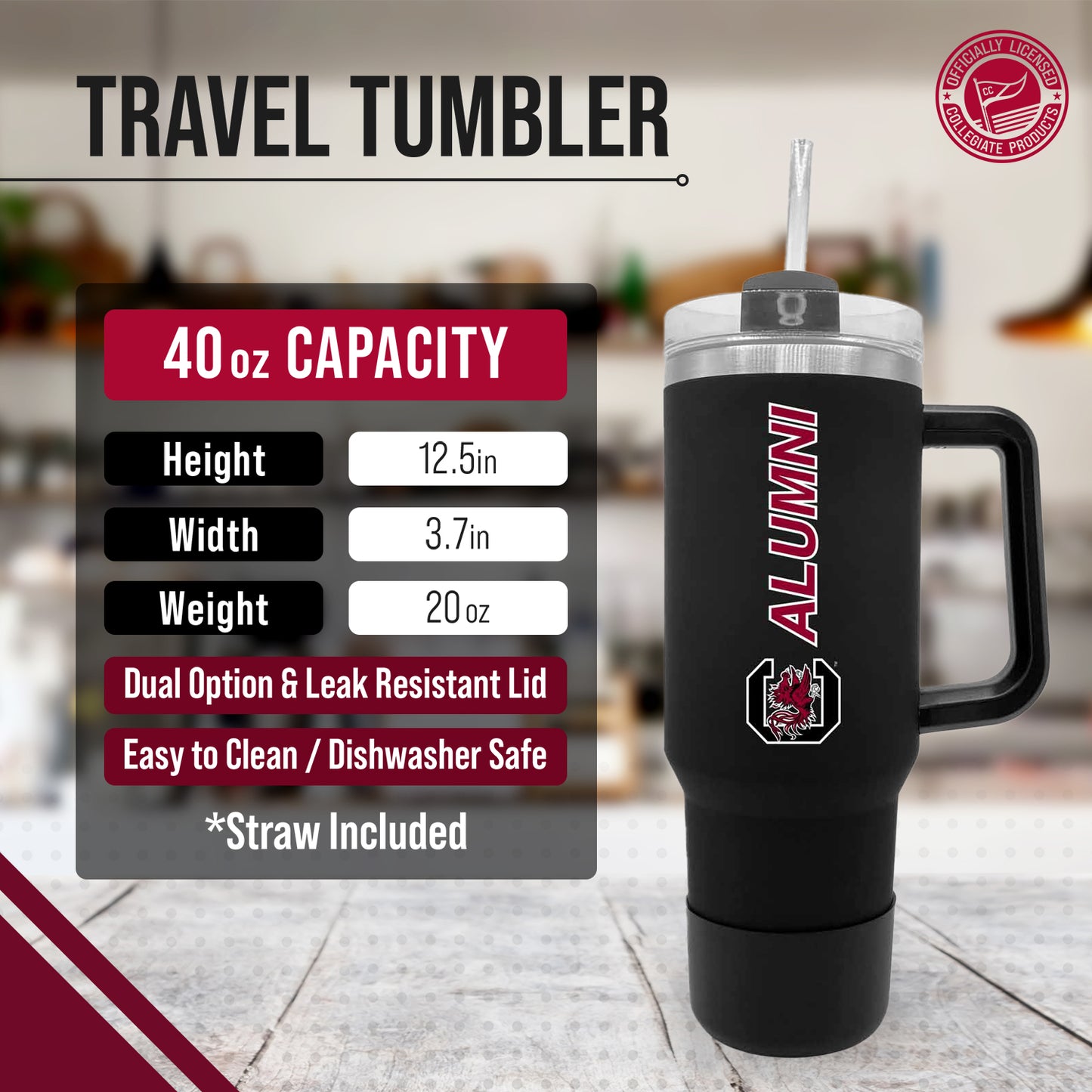 South Carolina Gamecocks Collegiate 40oz Stainless Steel Travel Tumbler with Handle for Alumni - Black