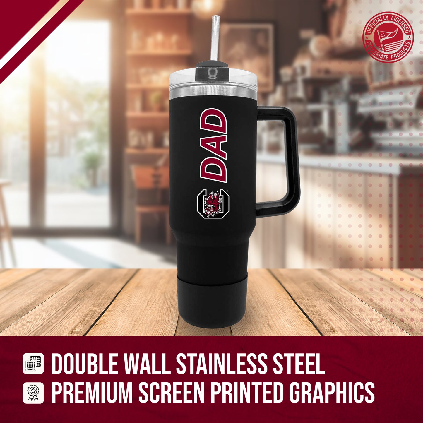 South Carolina Gamecocks Collegiate 40oz Stainless Steel Travel Tumbler with Handle for Dad - Black