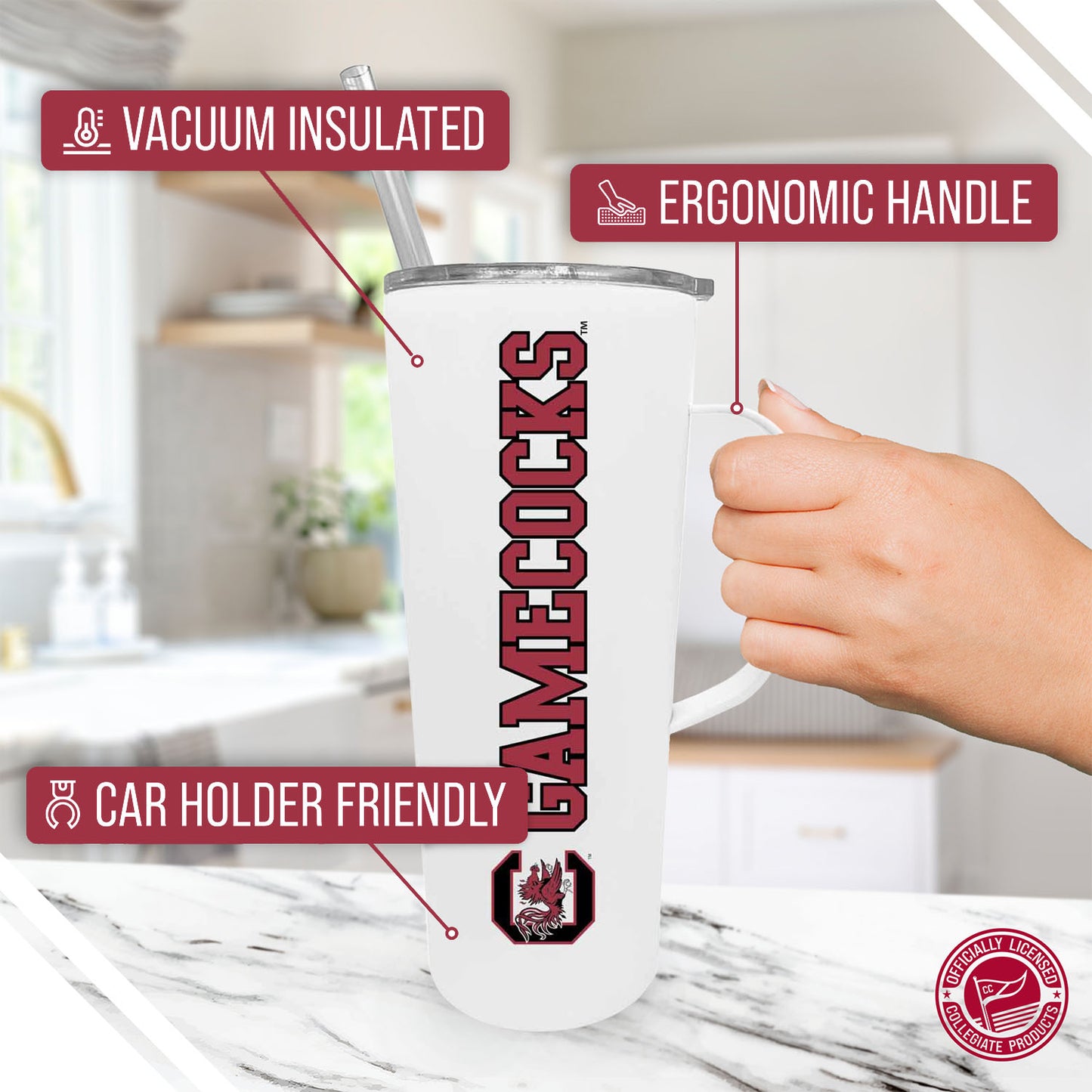 South Carolina Gamecocks NCAA Stainless Steel 20oz Roadie With Handle & Dual Option Lid With Straw - White