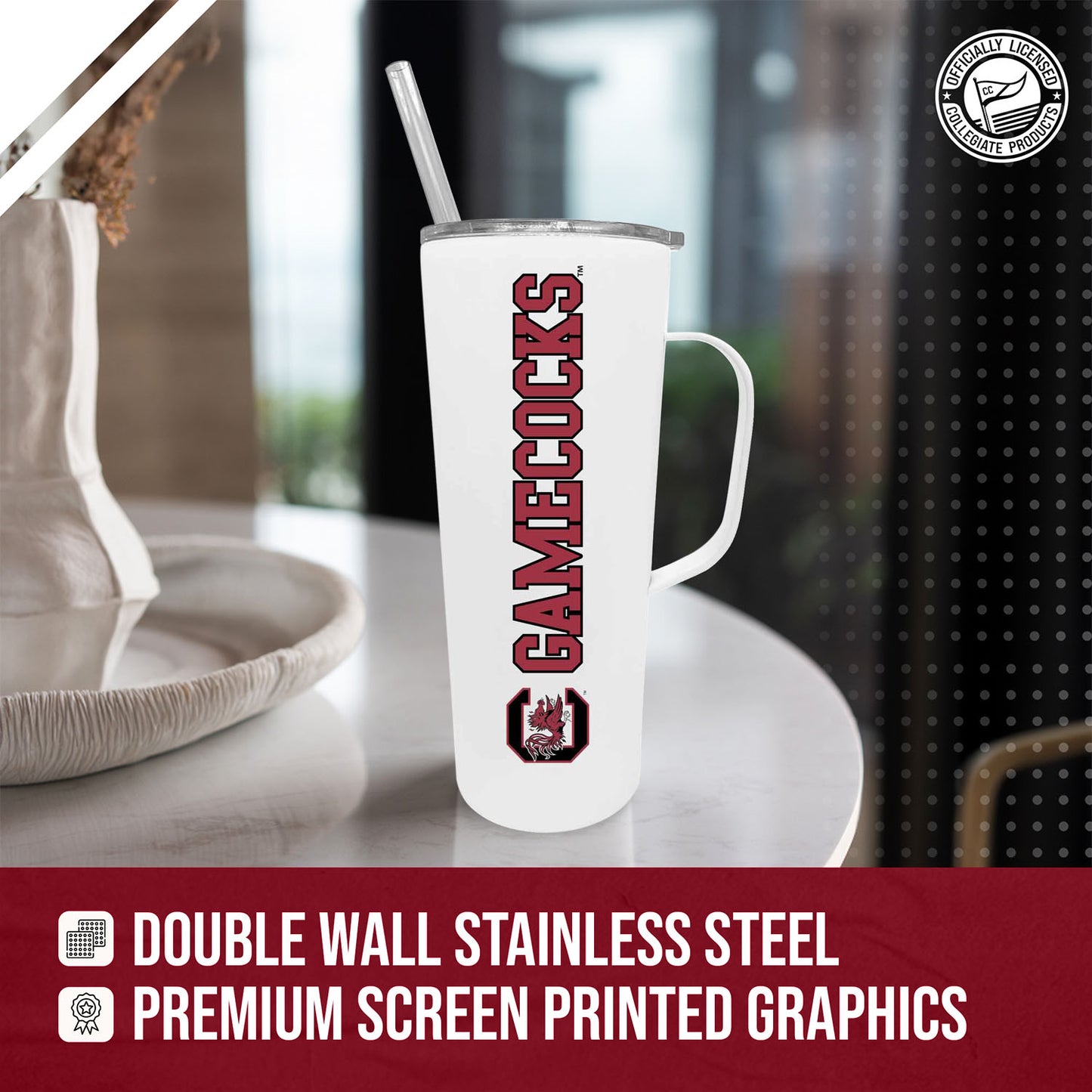 South Carolina Gamecocks NCAA Stainless Steel 20oz Roadie With Handle & Dual Option Lid With Straw - White