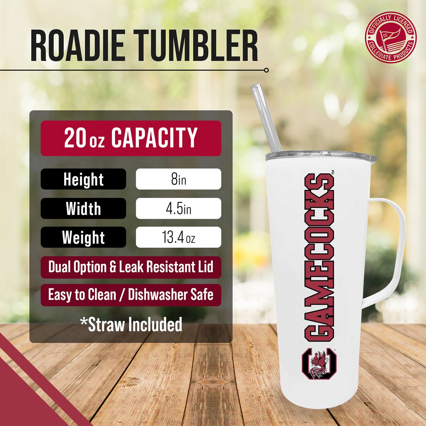 South Carolina Gamecocks NCAA Stainless Steel 20oz Roadie With Handle & Dual Option Lid With Straw - White