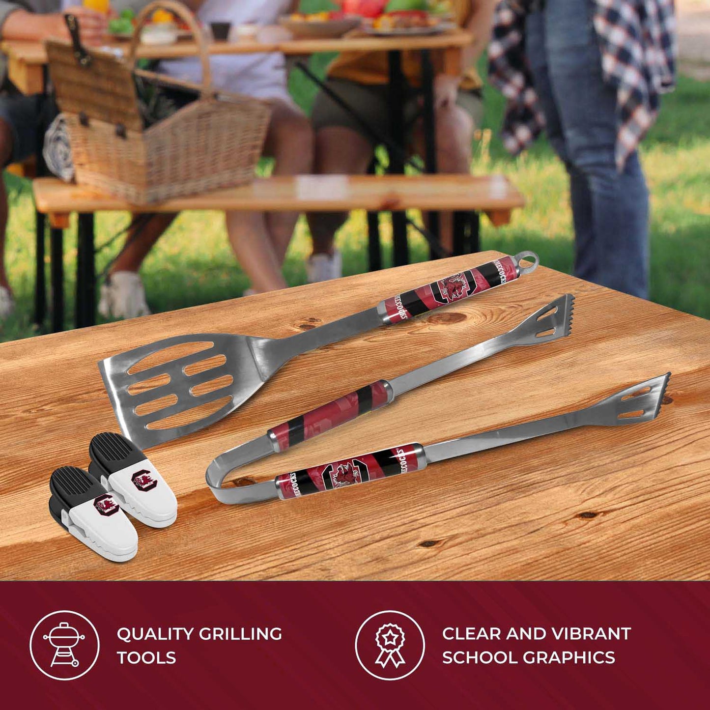 South Carolina Gamecocks Collegiate University Two Piece Grilling Tools Set with 2 Magnet Chip Clips - Chrome