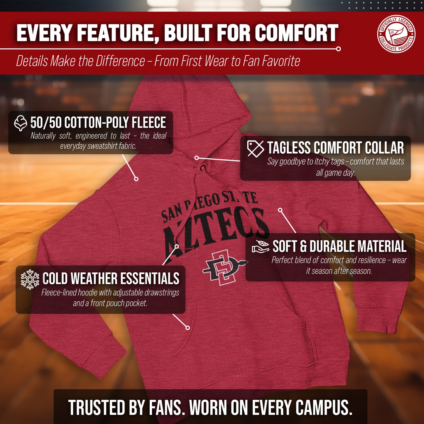San Diego State Aztecs NCAA Adult Unisex Starting Fresh Heathered Hooded Fleece Sweatshirt - Red Heather