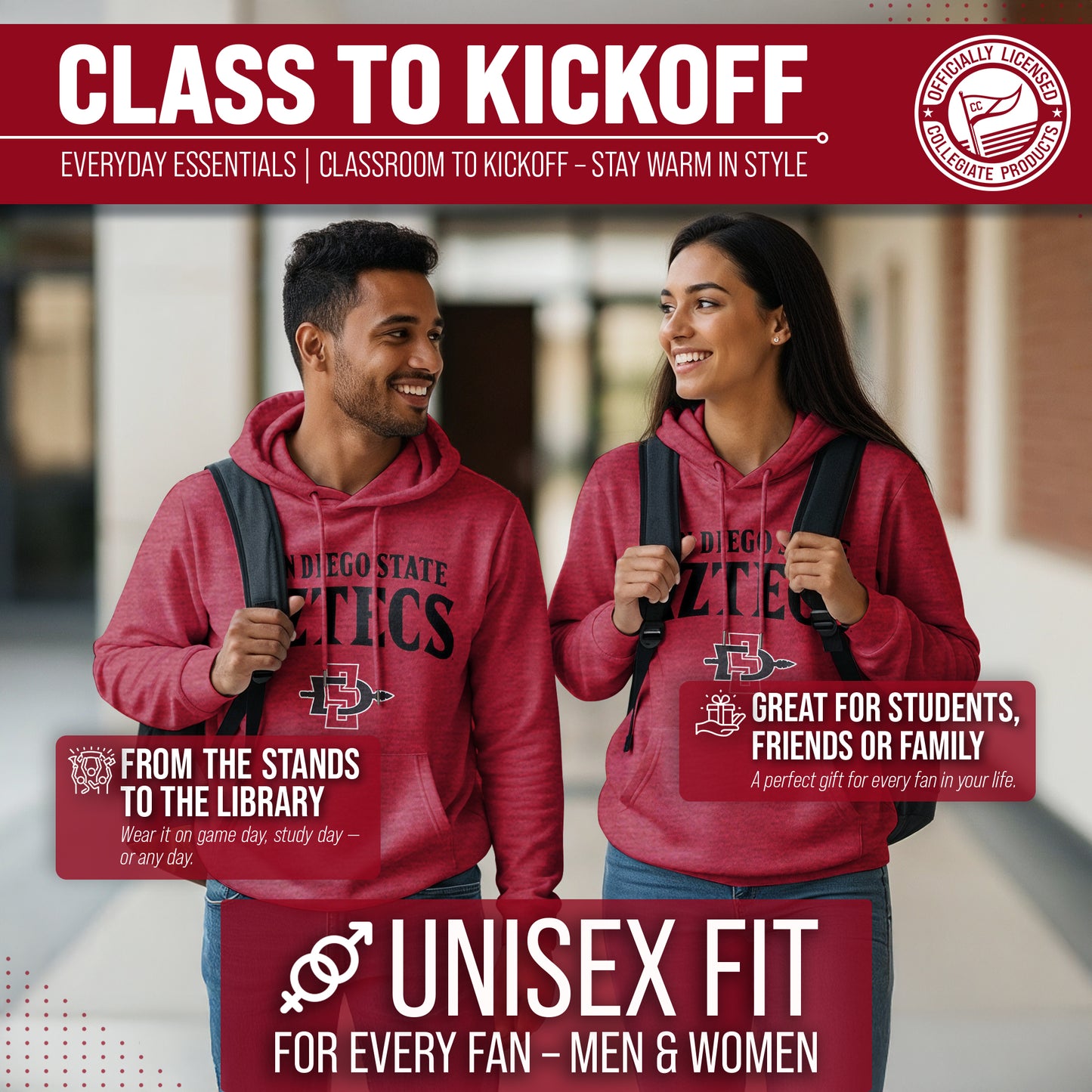 San Diego State Aztecs NCAA Adult Unisex Starting Fresh Heathered Hooded Fleece Sweatshirt - Red Heather