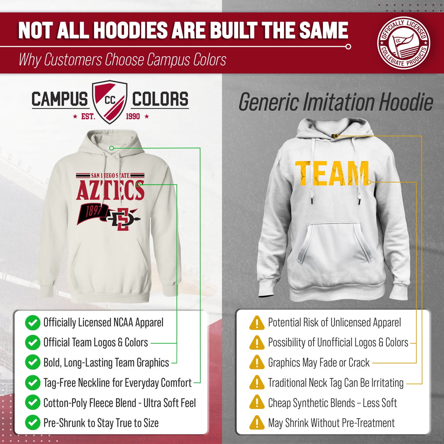 San Diego State Aztecs NCAA Adult Unisex Varsity Club Pennant Hooded Fleece Sweatshirt - Off White