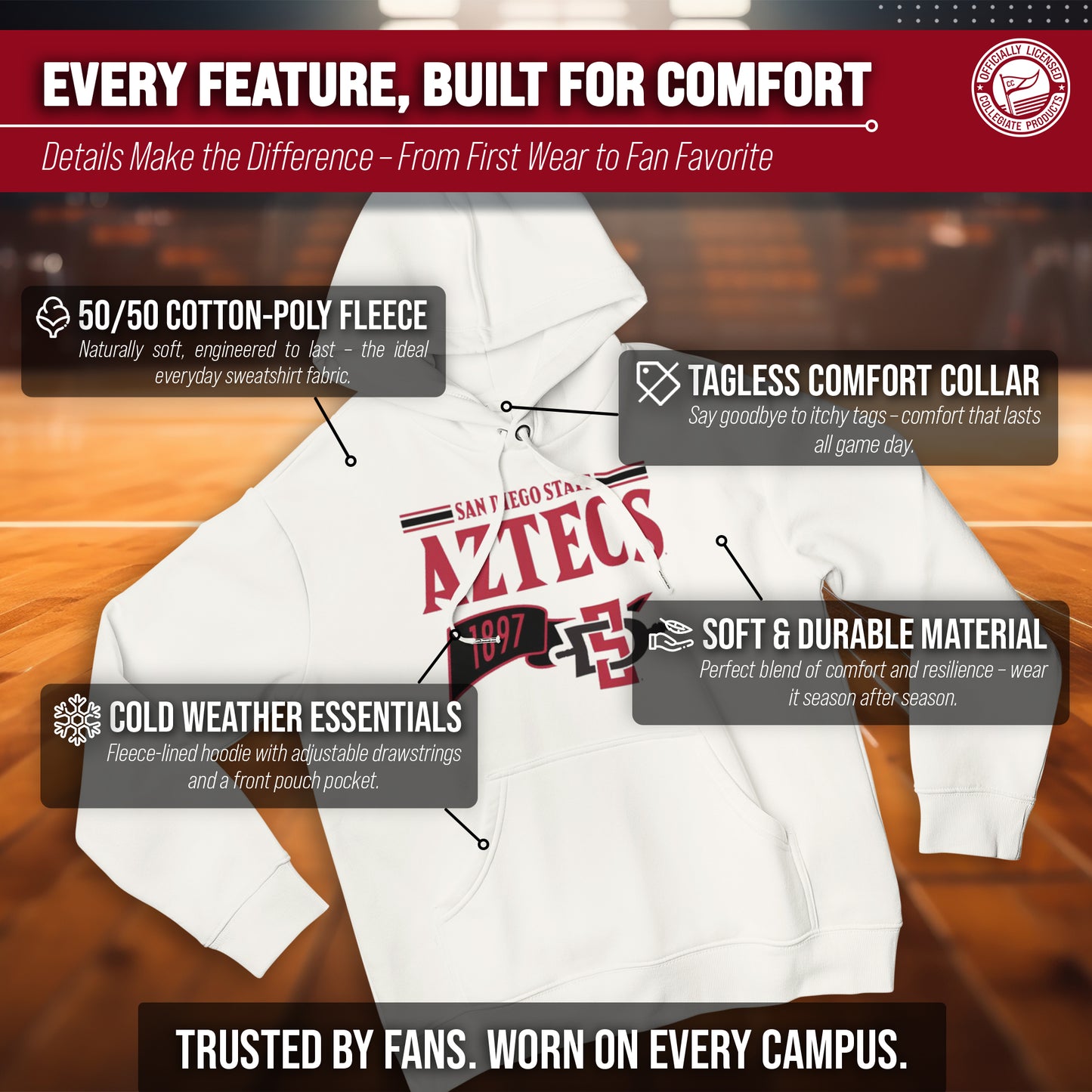 San Diego State Aztecs NCAA Adult Unisex Varsity Club Pennant Hooded Fleece Sweatshirt - Off White