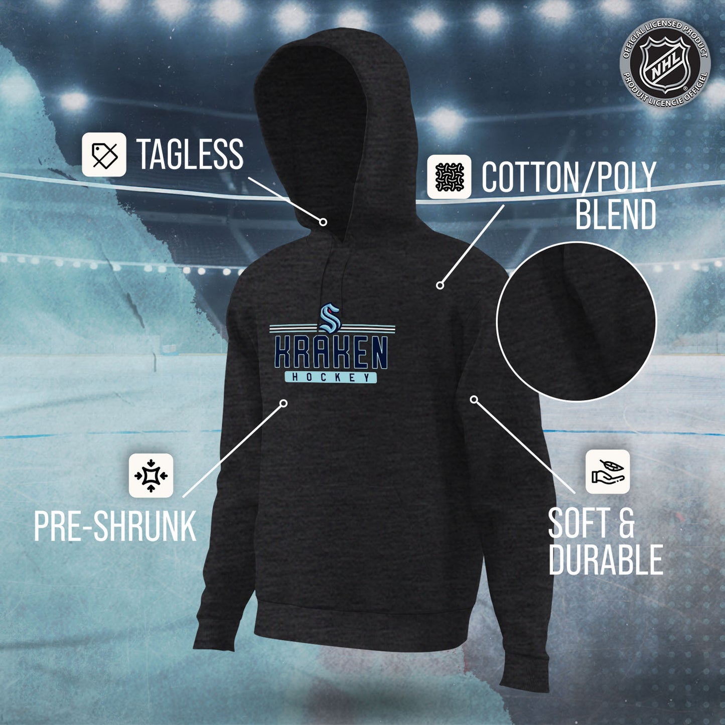 Seattle Kraken NHL Adult Heather Charcoal True Fan Hooded Sweatshirt Unisex - Charcoal