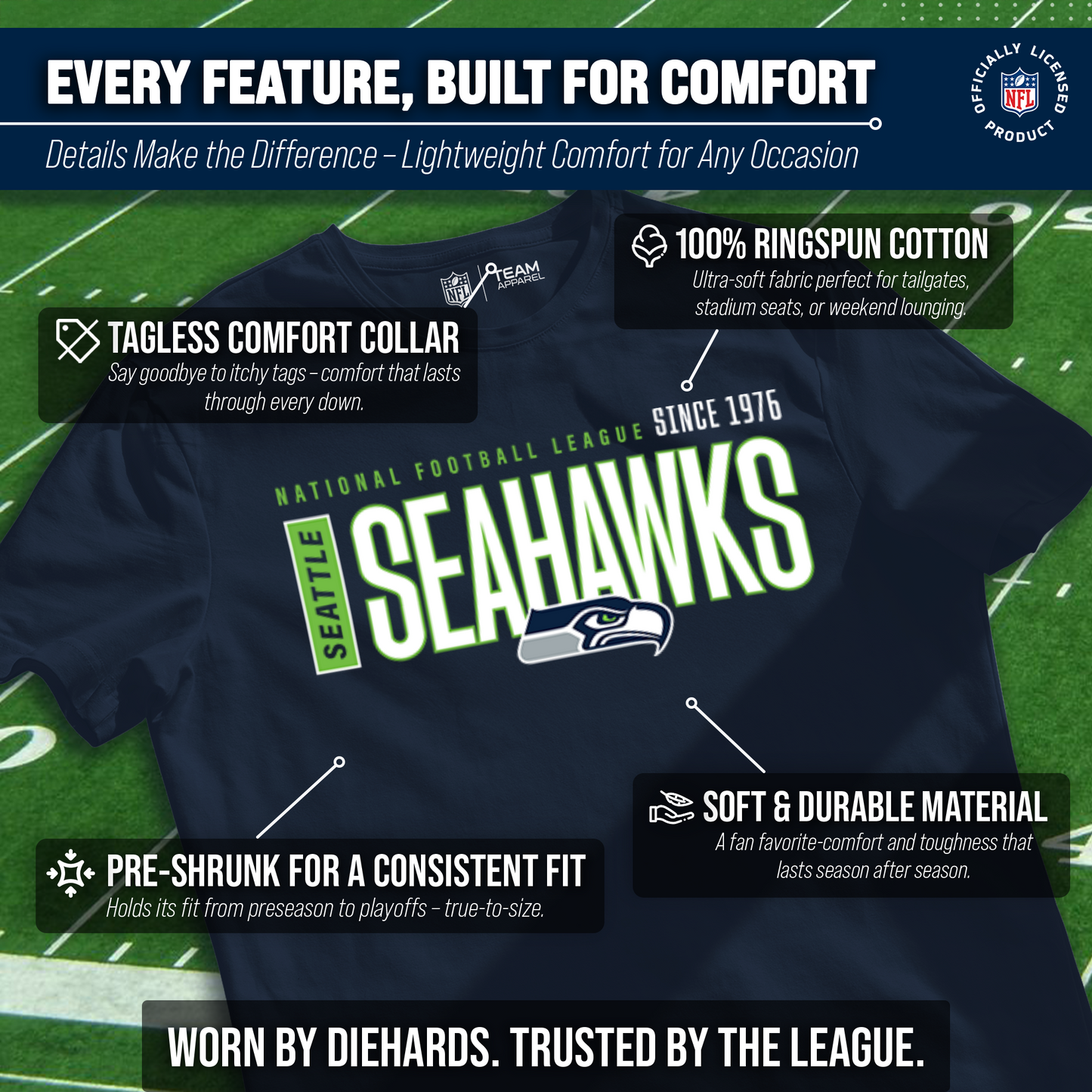 Seattle Seahawks NFL Youth Modern Endzone Football T-Shirt Unisex Tag Free Comfortable - Navy