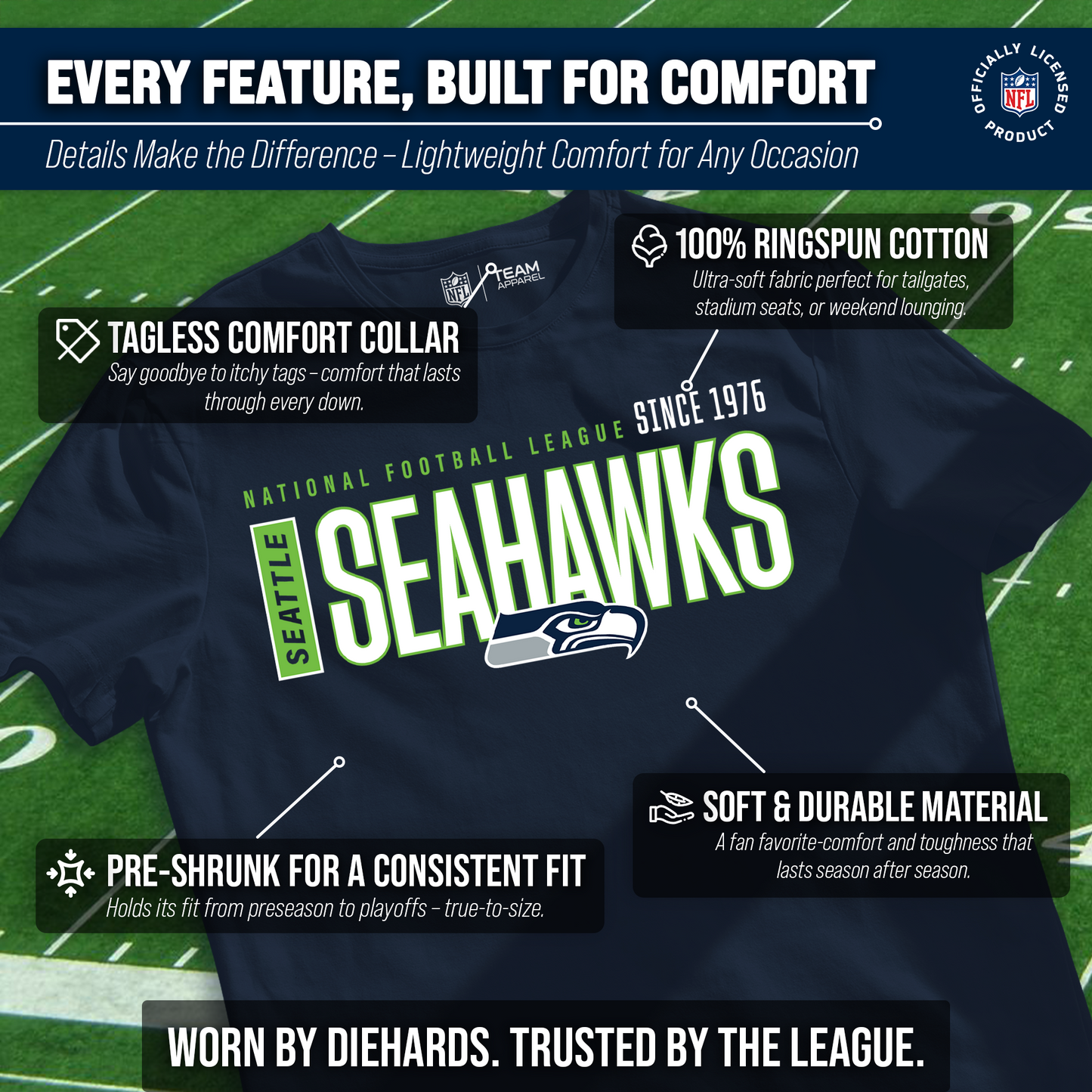 Seattle Seahawks NFL Adult Modern Endzone Tag-Less T-Shirt - Navy