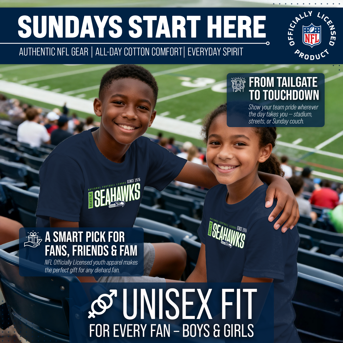 Seattle Seahawks NFL Youth Modern Endzone Football T-Shirt Unisex Tag Free Comfortable - Navy
