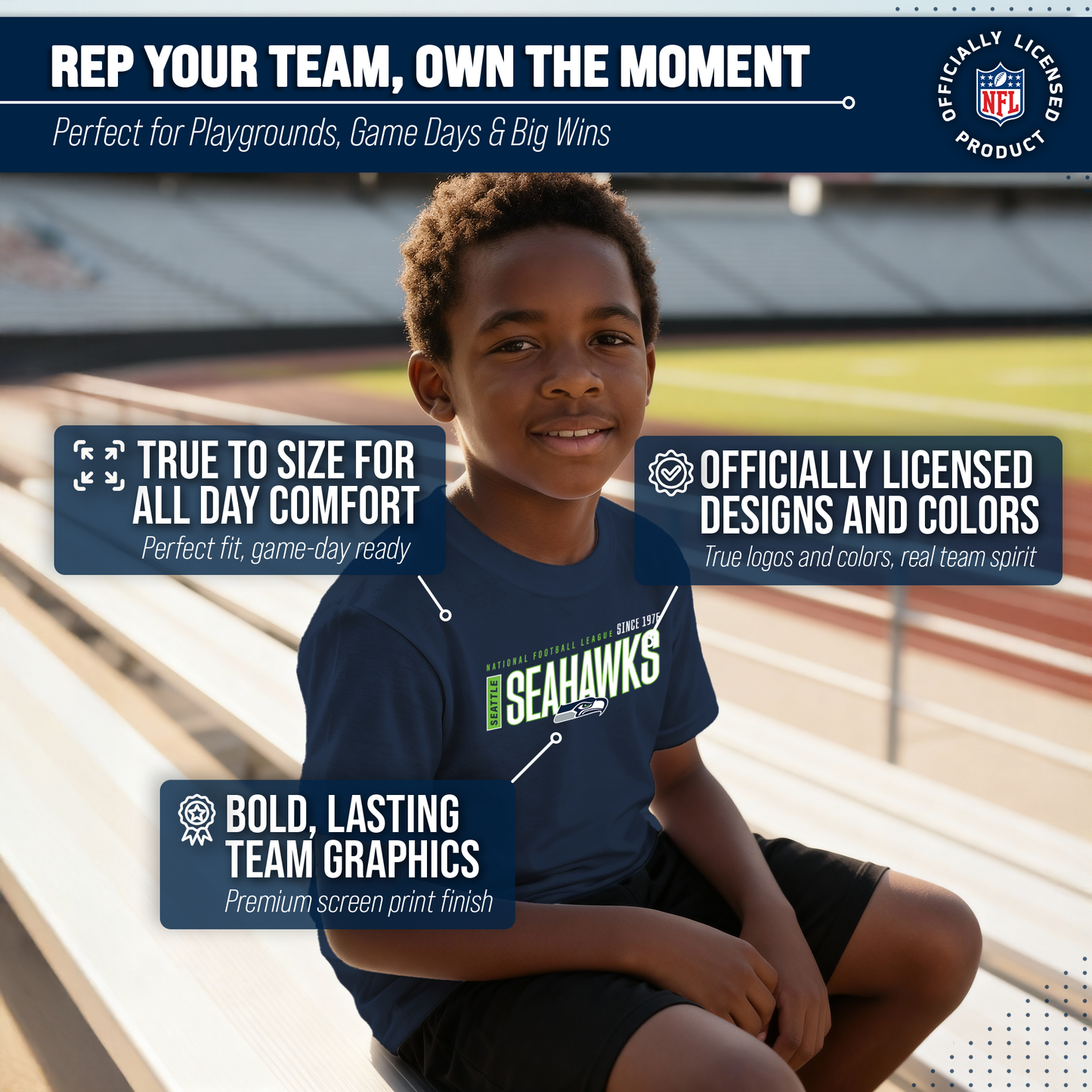 Seattle Seahawks NFL Youth Modern Endzone Football T-Shirt Unisex Tag Free Comfortable - Navy