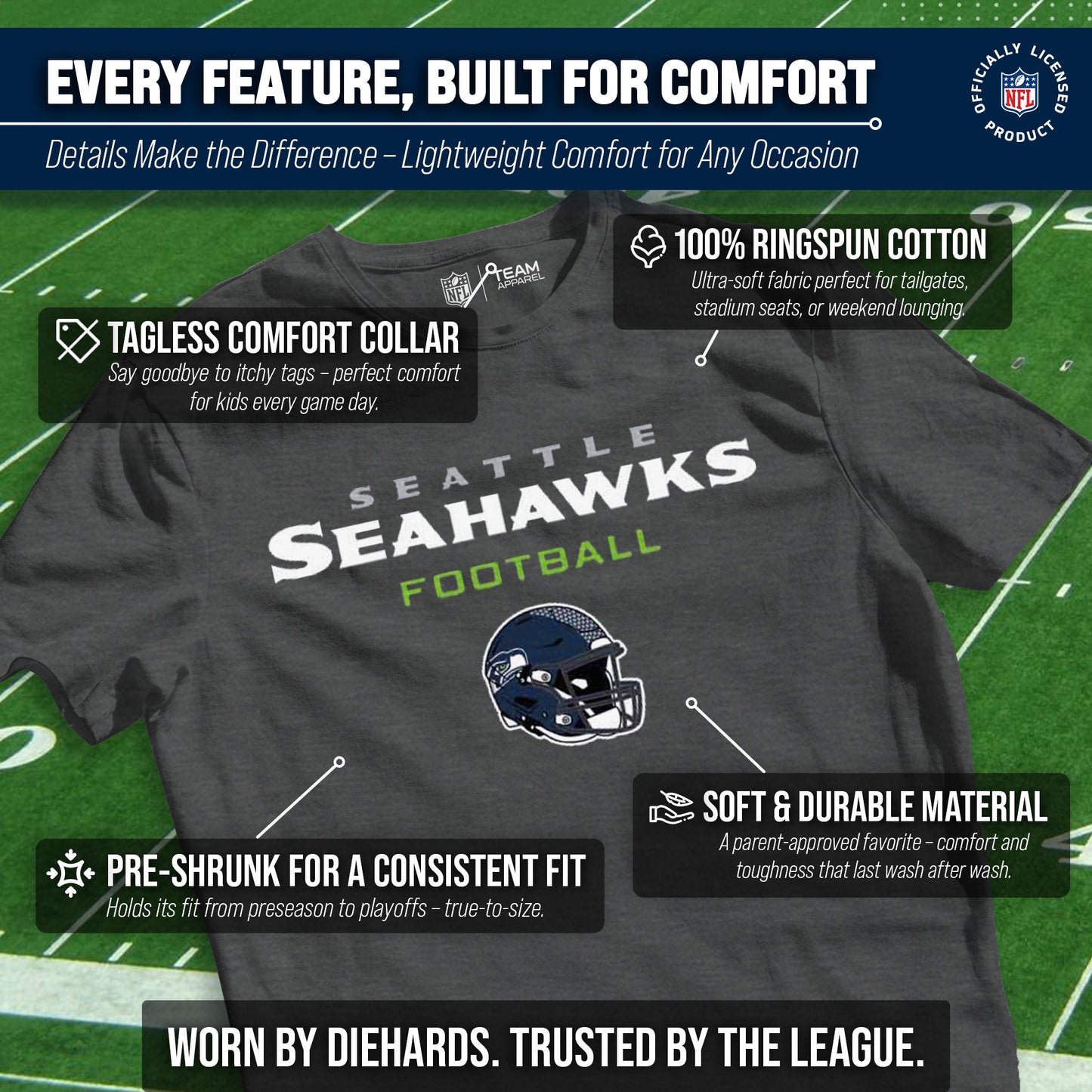 Seattle Seahawks NFL Youth Football Helmet Tagless T-Shirt - Charcoal