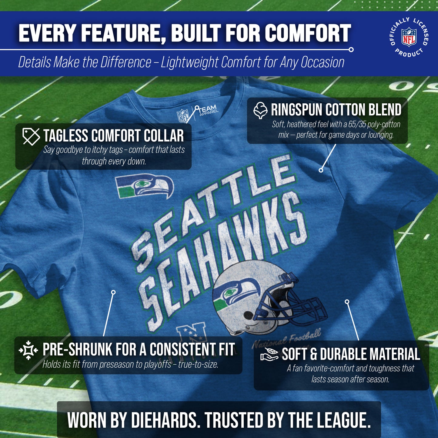 Seattle Seahawks NFL Adult Distressed Helmet Tag-Less T-Shirt - Royal Heather