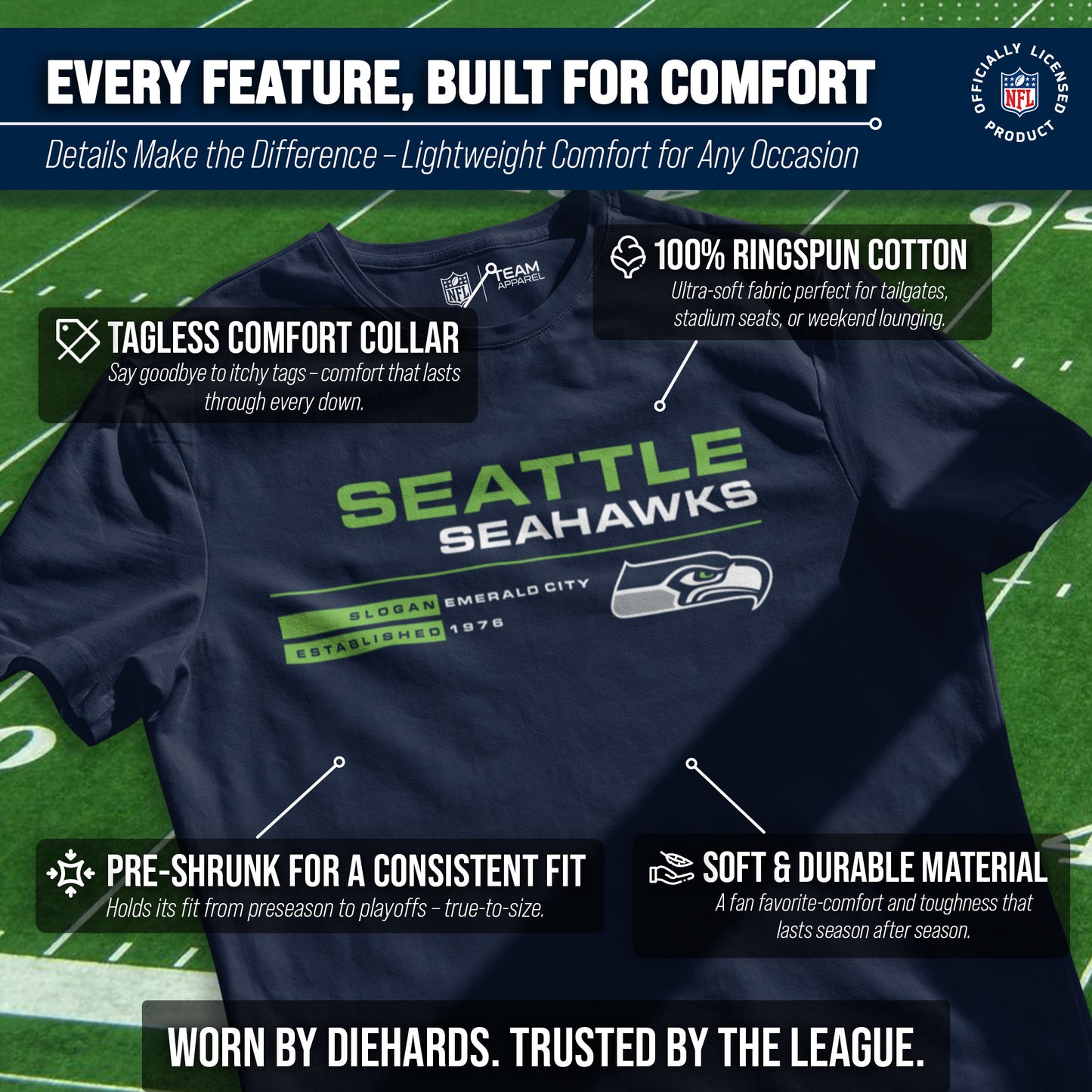 Seattle Seahawks Adult NFL Speed Stat Sheet T-Shirt - Navy