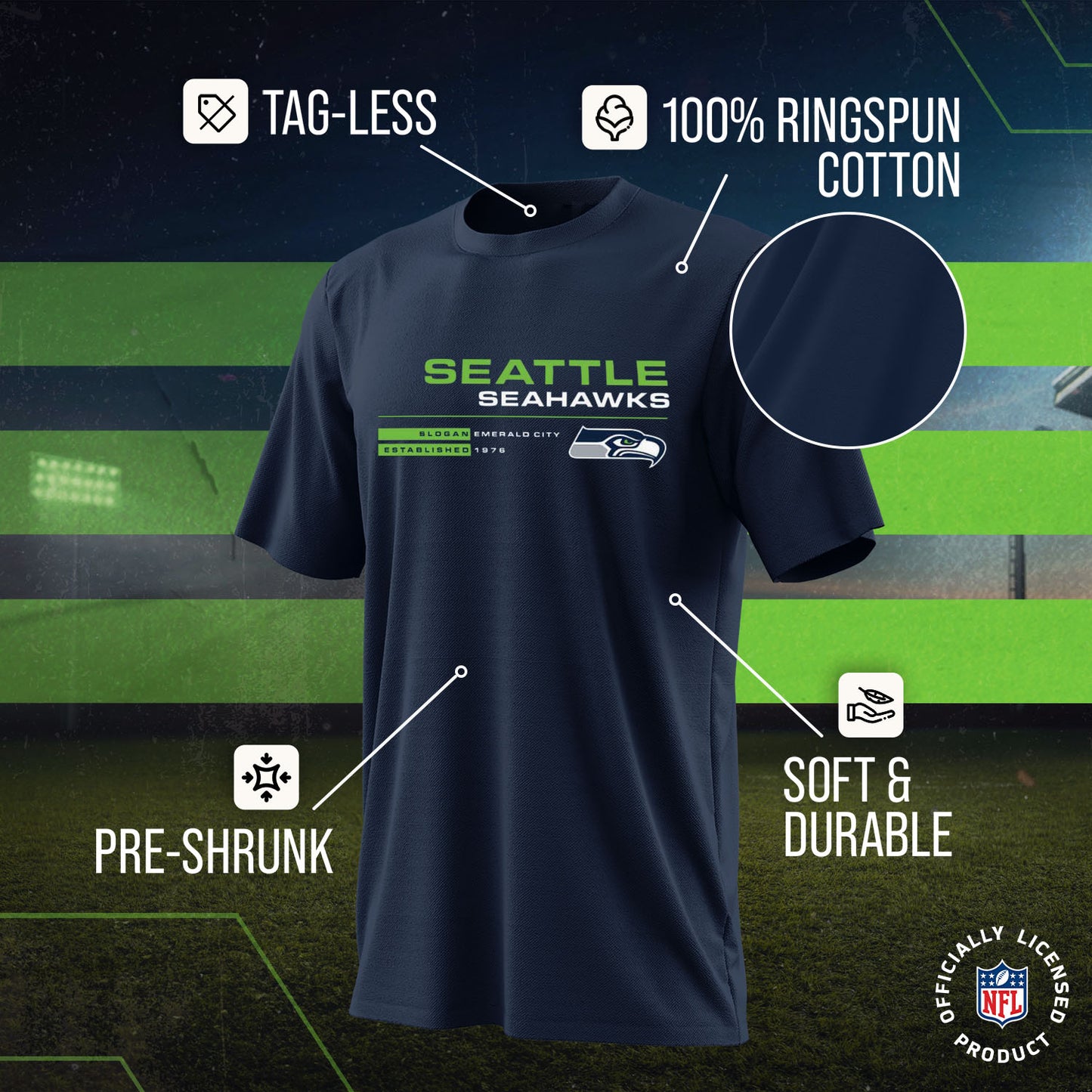 Seattle Seahawks Adult NFL Speed Stat Sheet T-Shirt - Navy