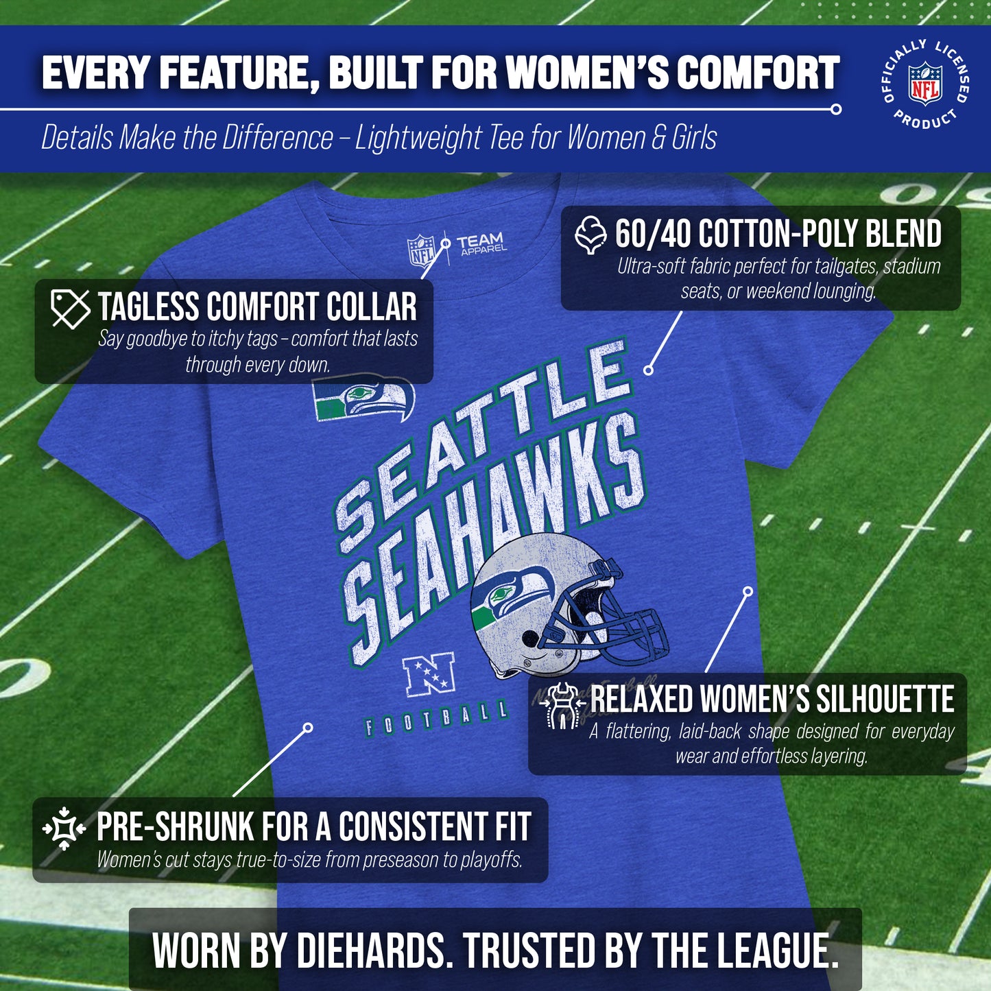 Seattle Seahawks NFL Womens Distressed Helmet Tag-Less Soft T-Shirt - Royal Heather
