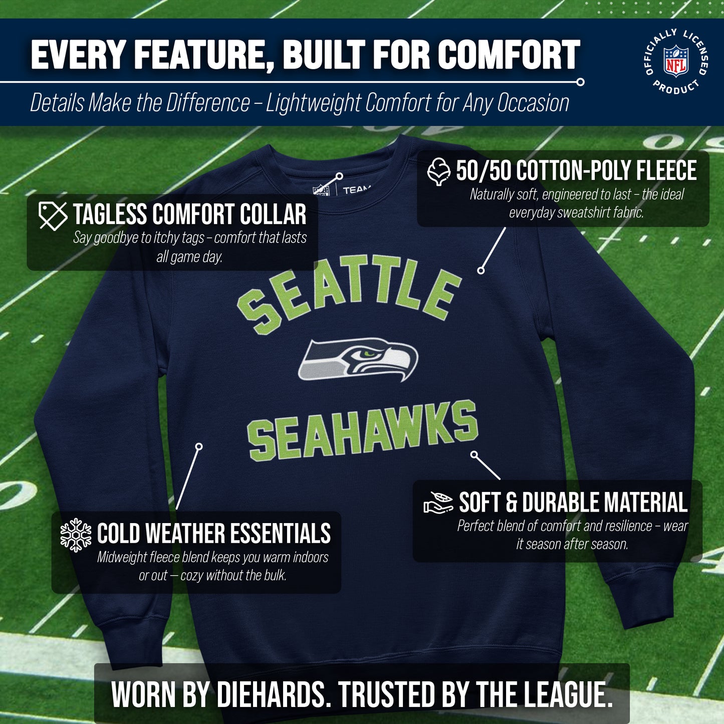 Seattle Seahawks NFL Adult Gameday Football Crewneck Sweatshirt - Navy