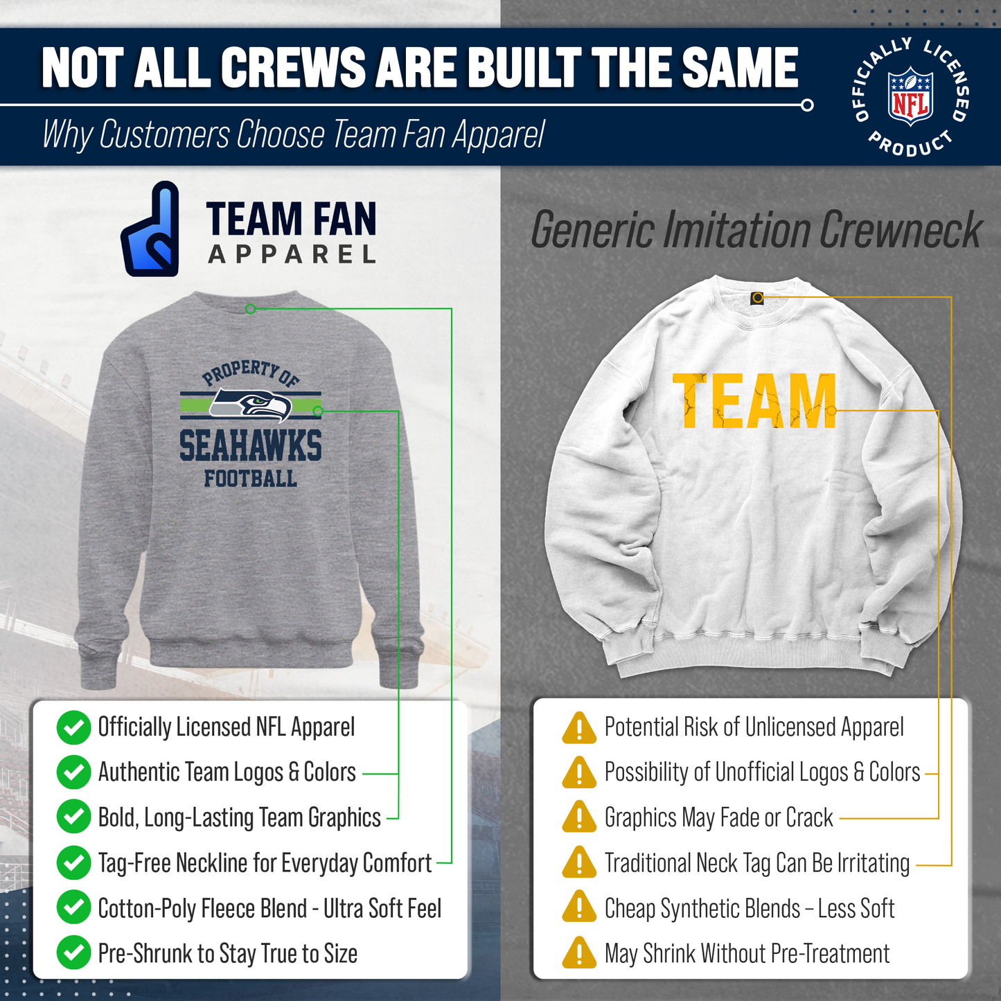 Seattle Seahawks NFL Adult Property Of Crewneck Fleece Sweatshirt - Sport Gray