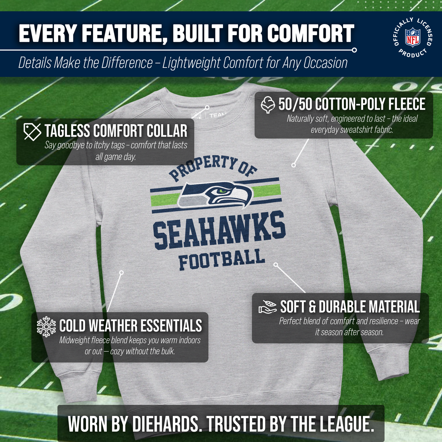 Seattle Seahawks NFL Adult Property Of Crewneck Fleece Sweatshirt - Sport Gray