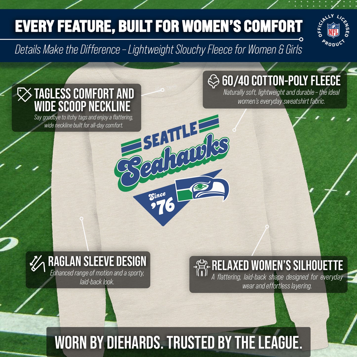 Seattle Seahawks NFL Womens Vintage Charm Slouchy Crewneck - Birch
