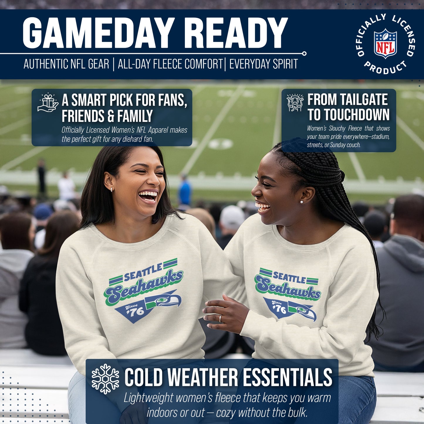 Seattle Seahawks NFL Womens Vintage Charm Slouchy Crewneck - Birch