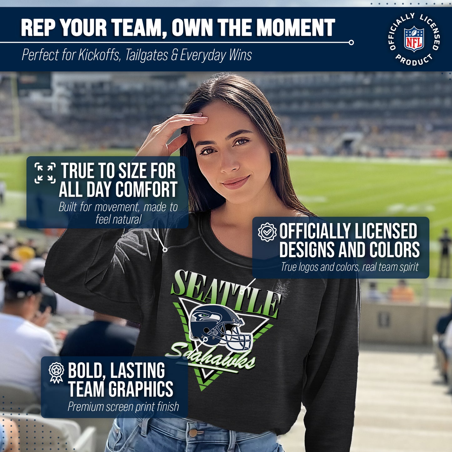 Seattle Seahawks NFL Womens Retro Triangle Slouchy Crewneck - Heather Charcoal