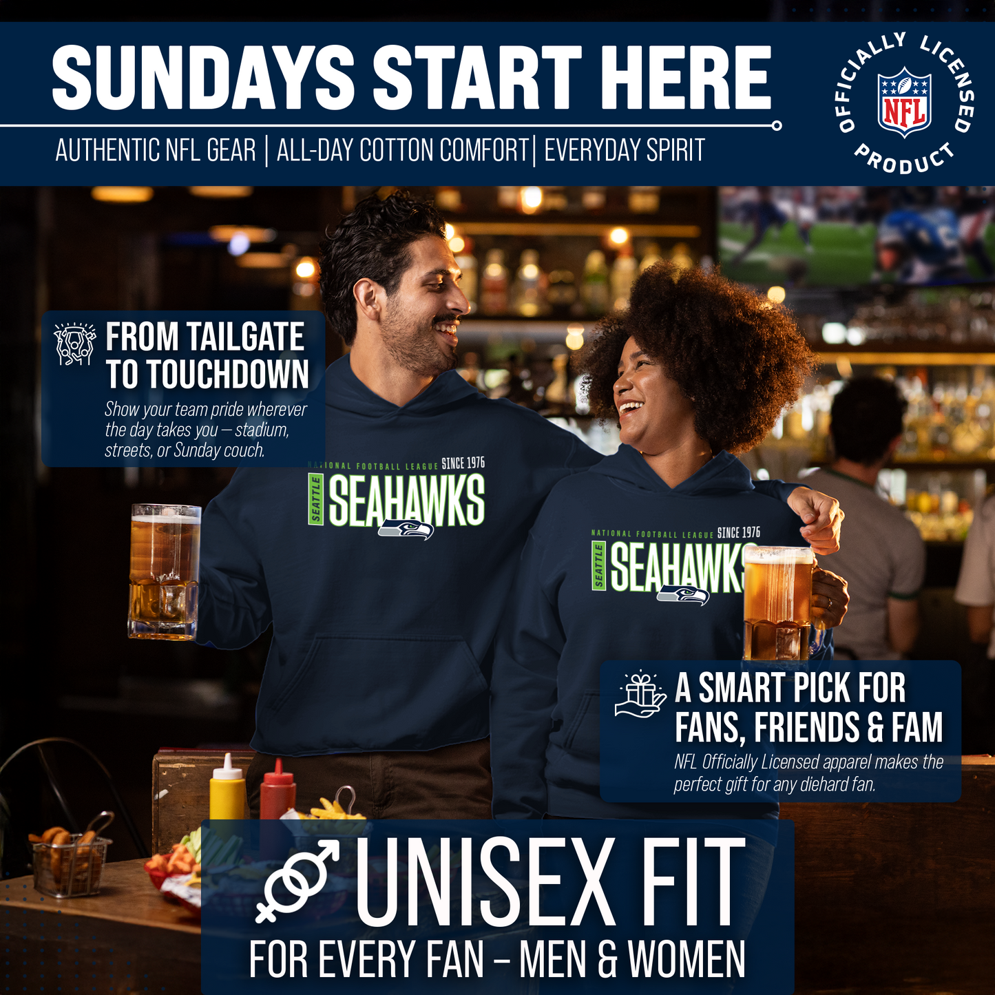 Seattle Seahawks NFL Adult Unisex Modern Endzone Soft Fleece Hooded Sweatshirt - Navy