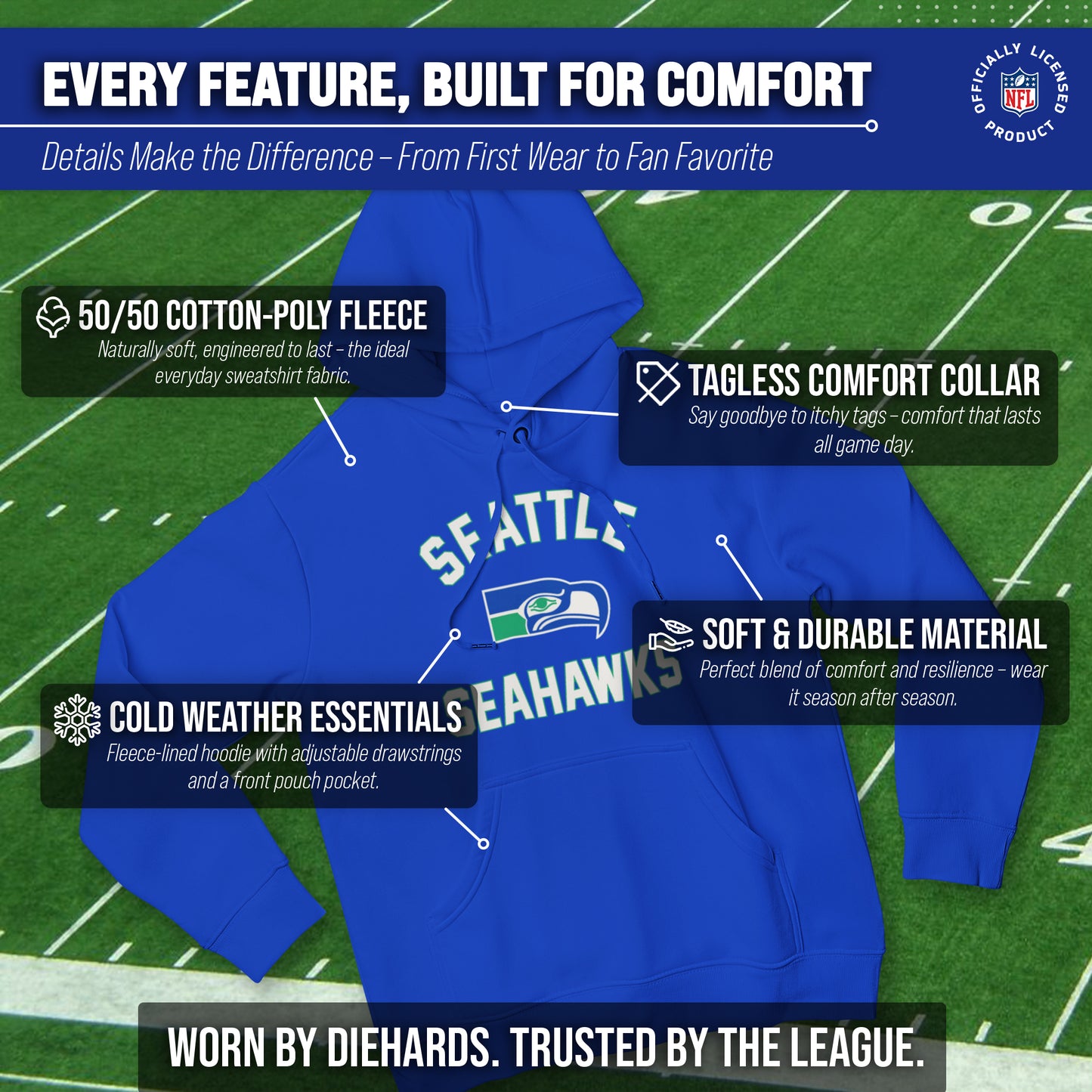 Seattle Seahawks NFL Adult Unisex Retro Gameday Ultra Soft Fleece Hooded Sweatshirt - Royal