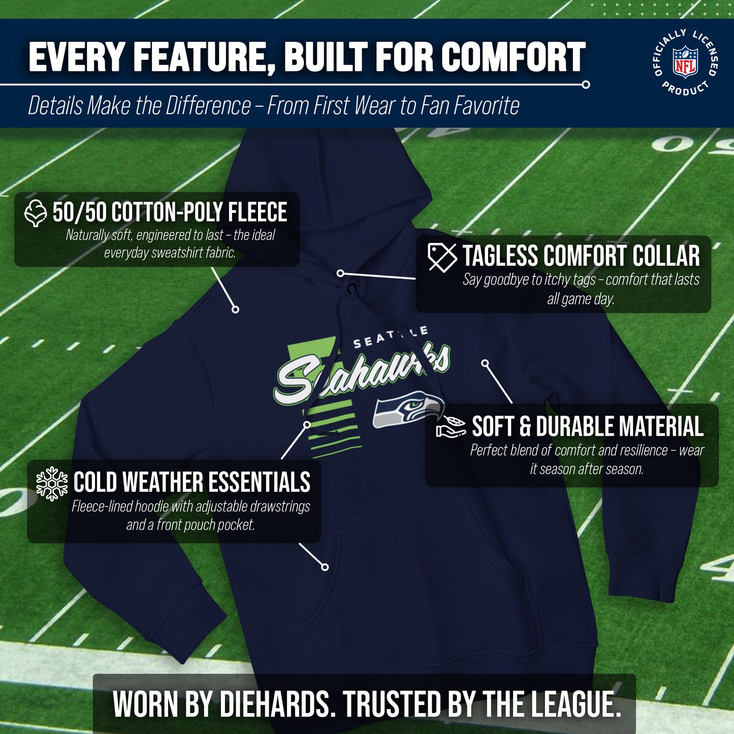 Seattle Seahawks NFL Adult Unisex Retro Script Ultra Soft Fleece Hooded Sweatshirt - Navy