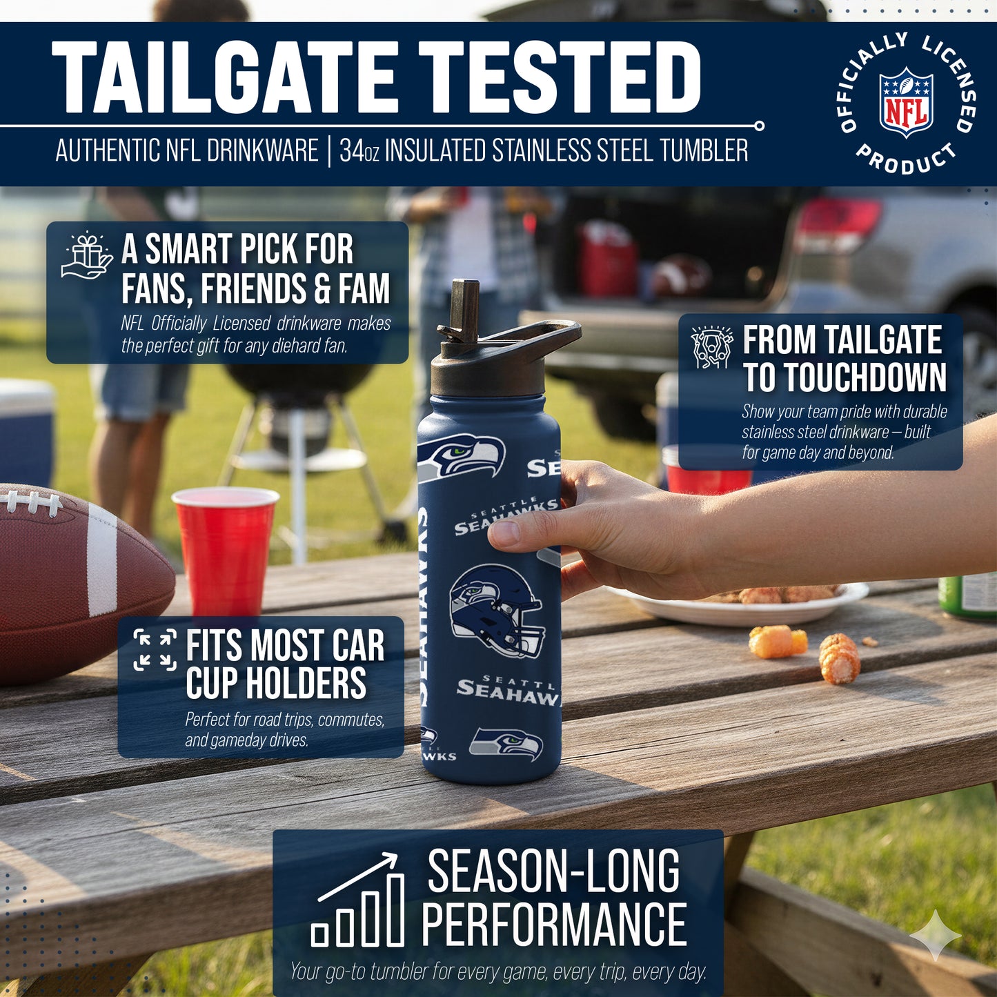 Seattle Seahawks NFL 34Oz Native Quencher Water Bottle - Navy