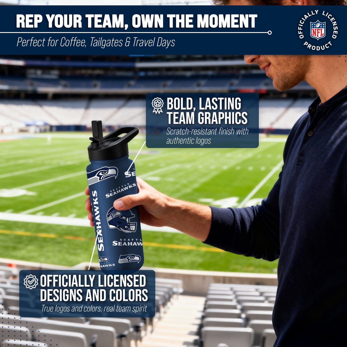 Seattle Seahawks NFL 34Oz Native Quencher Water Bottle - Navy