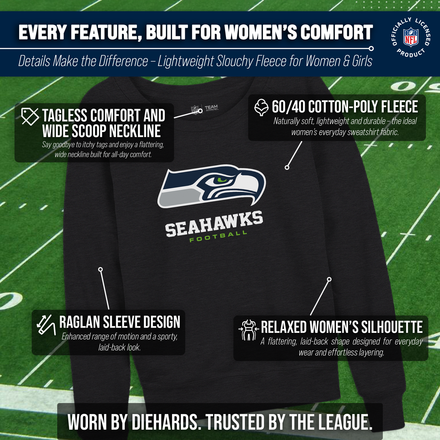 Seattle Seahawks Women's NFL Ultimate Fan Logo Slouchy Crewneck -Tagless Fleece Lightweight Pullover - Charcoal
