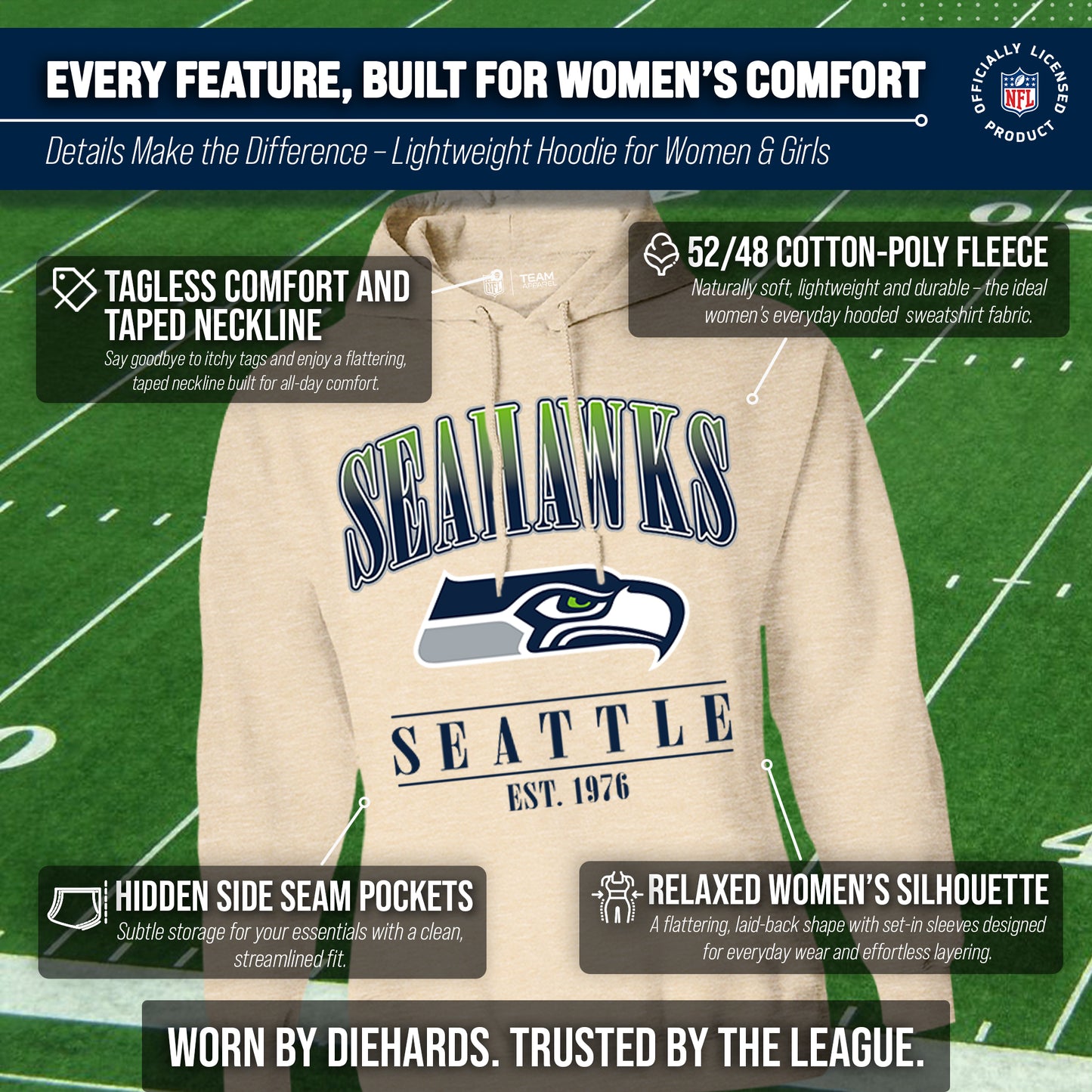 Seattle Seahawks Ladies NFL Starstruck Fleece Pullover Hooded Sweatshirt - Cream