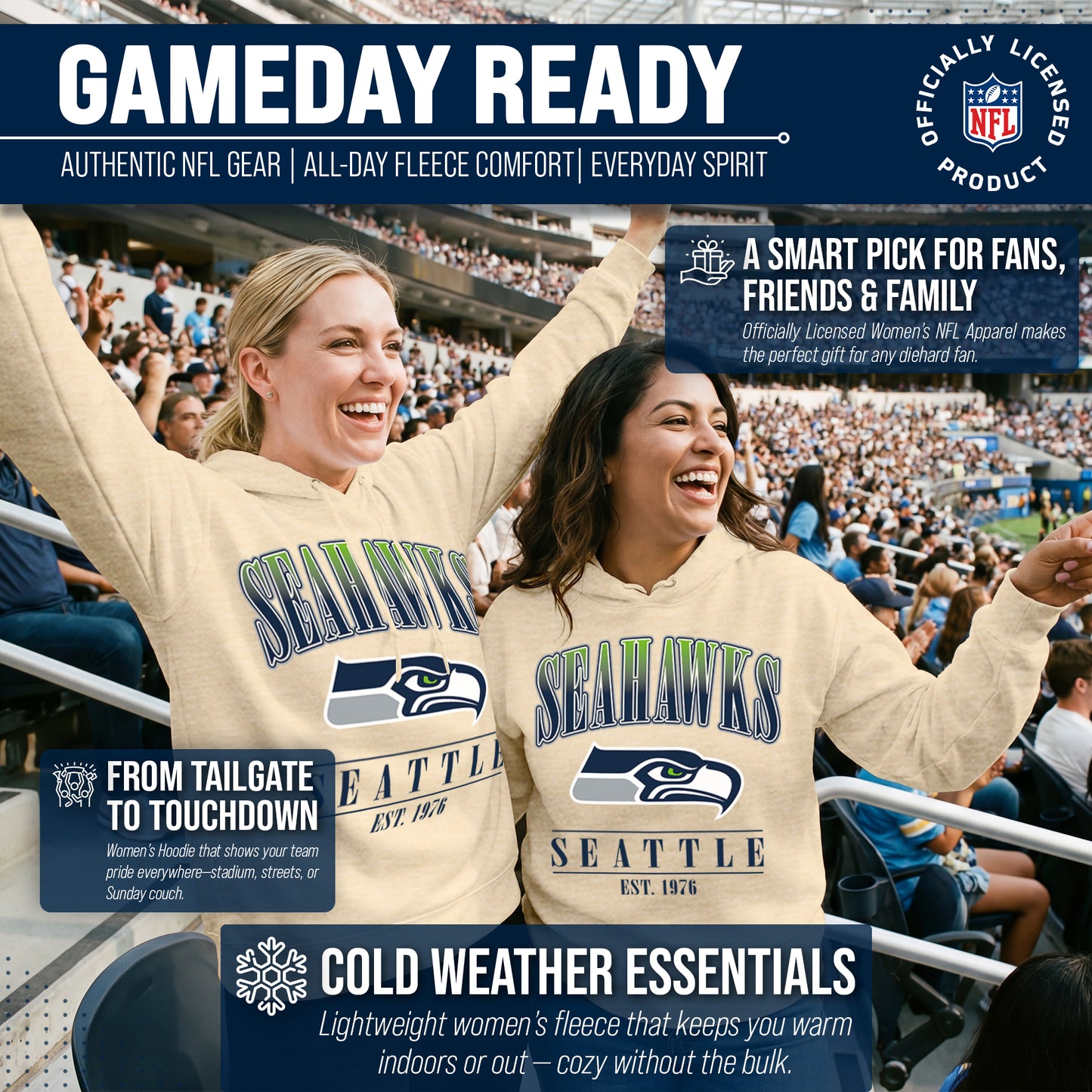 Seattle Seahawks Ladies NFL Starstruck Fleece Pullover Hooded Sweatshirt - Cream