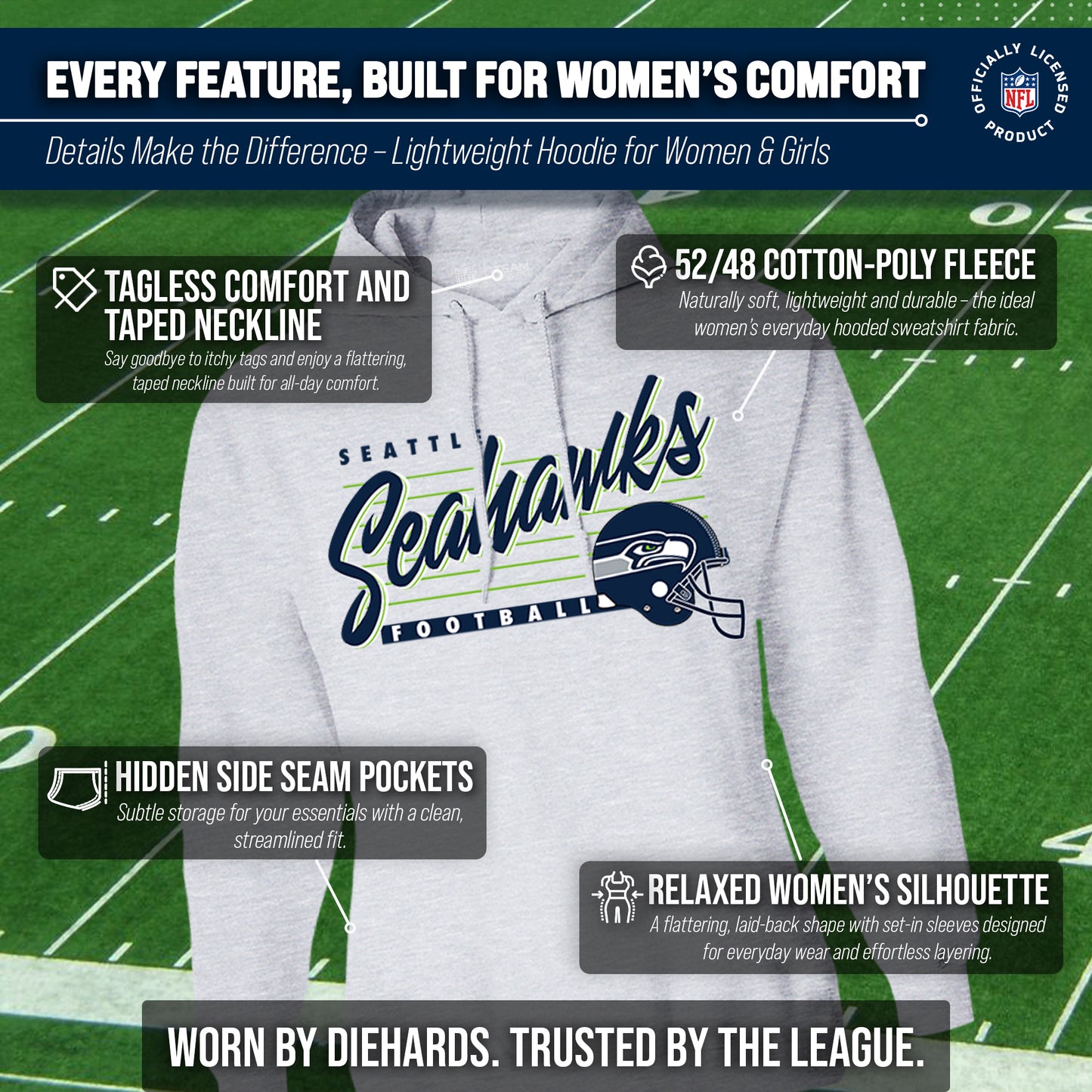 Seattle Seahawks Ladies NFL Scrimmage Line Fleece Pullover Hooded Sweatshirt - Gray Heather
