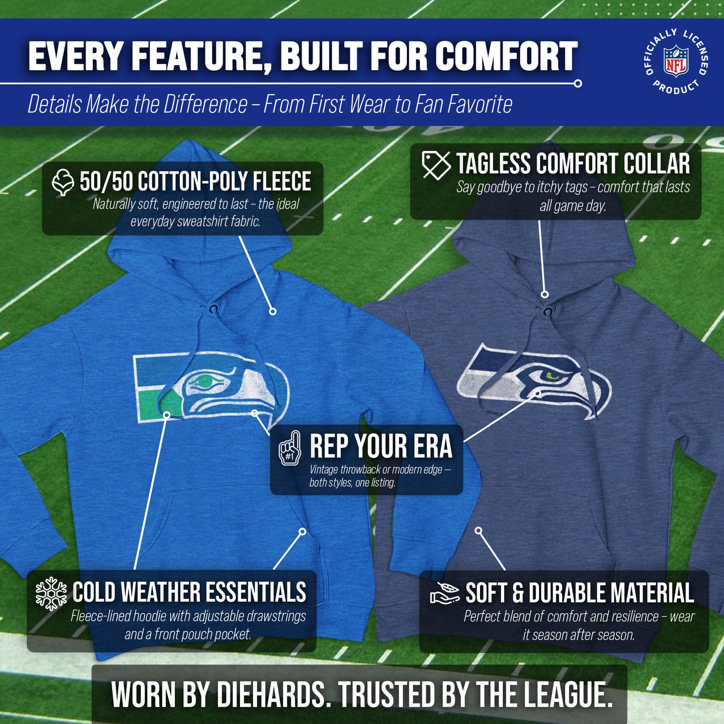 Seattle Seahawks NFL Adult Unisex Modern Throwback Ultra Soft Fleece Hooded Sweatshirt - Royal