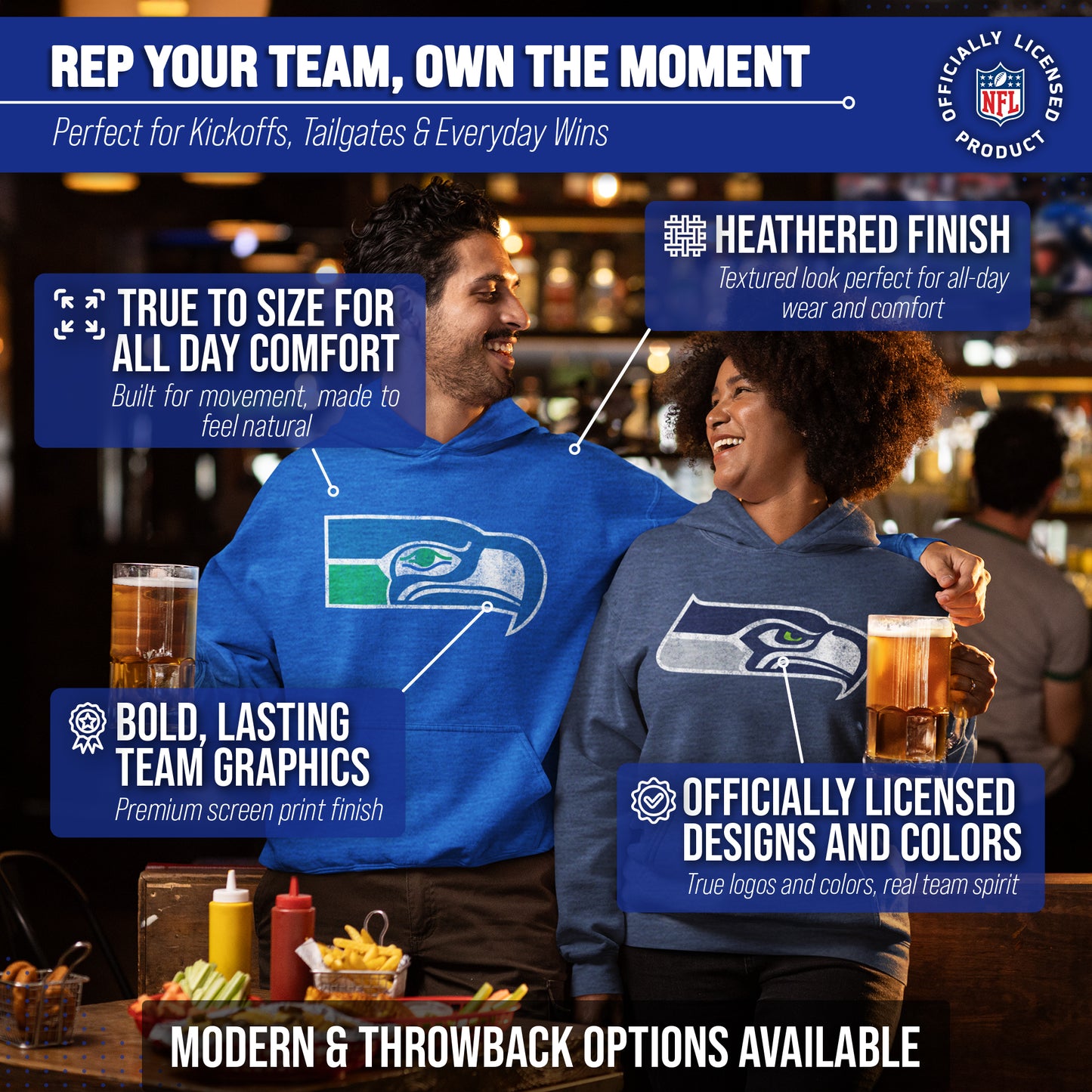 Seattle Seahawks NFL Adult Unisex Modern Throwback Ultra Soft Fleece Hooded Sweatshirt - Royal