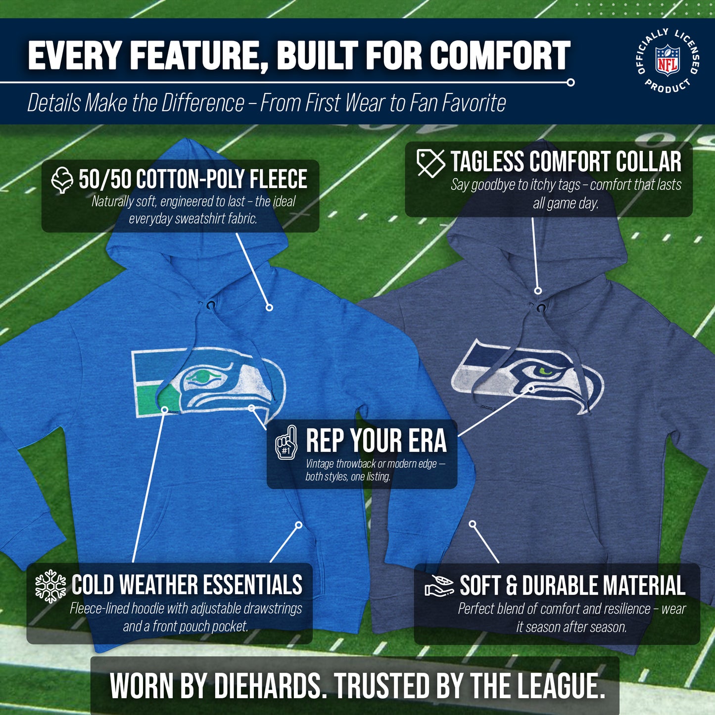 Seattle Seahawks NFL Adult Unisex Modern Throwback Ultra Soft Fleece Hooded Sweatshirt - Navy