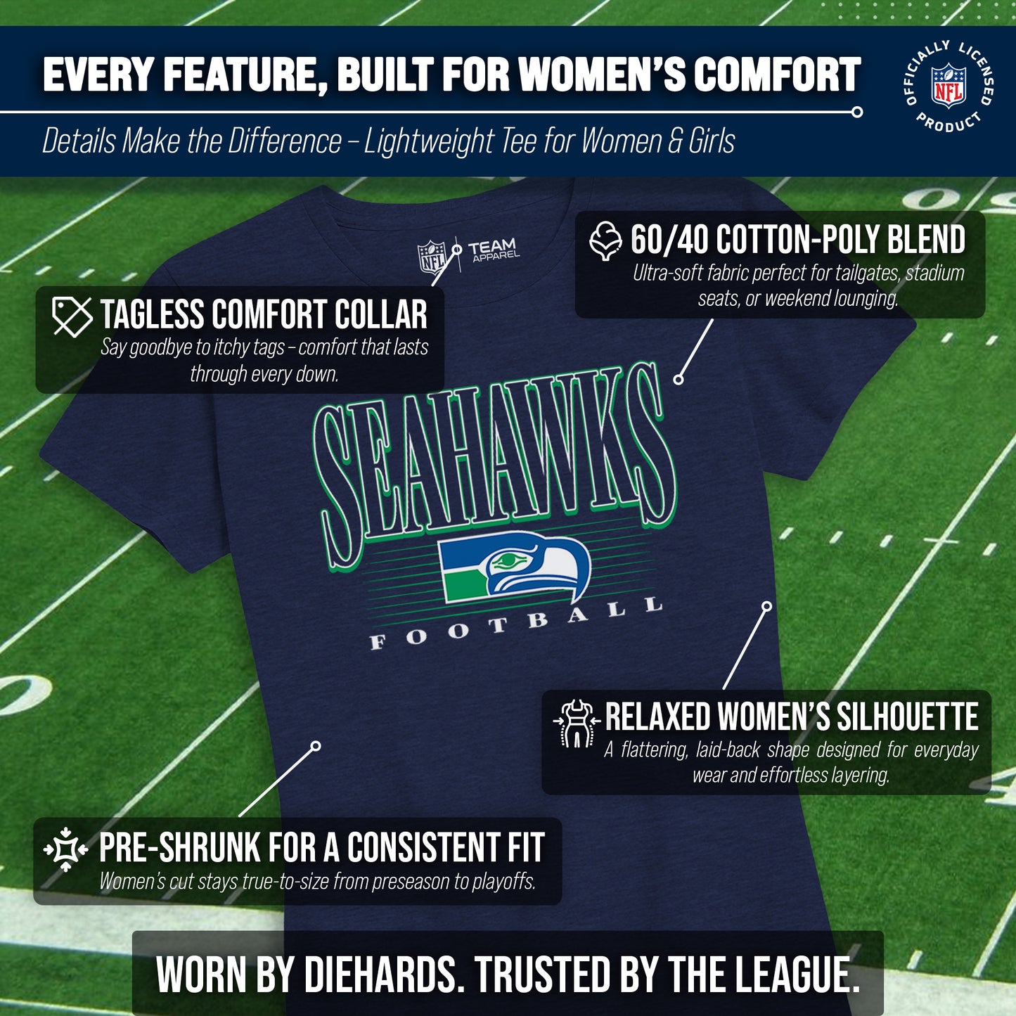 Seattle Seahawks NFL Womens Overtime Blueprint Tag-Less T-Shirt - Navy