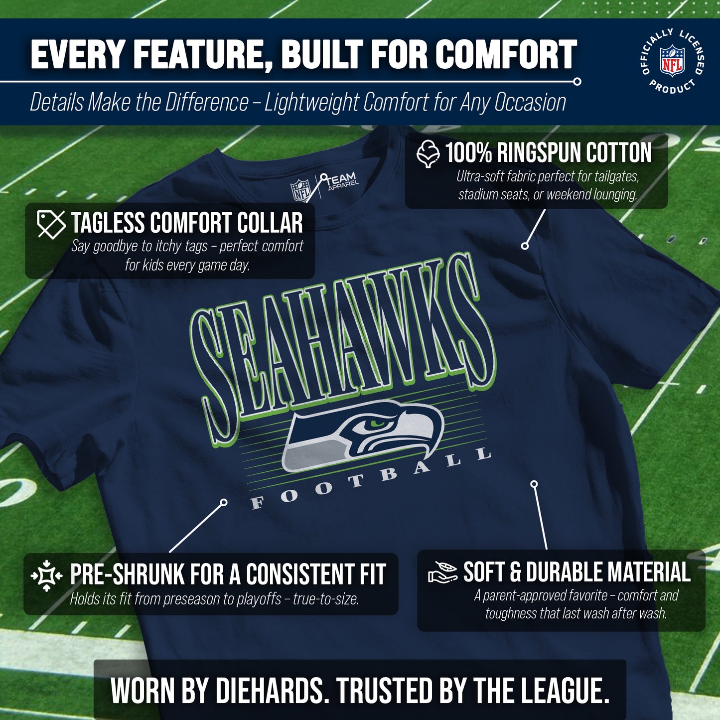 Seattle Seahawks NFL Youth Overtime Blueprint Football T-Shirt Unisex Tag Free Comfortable - Navy