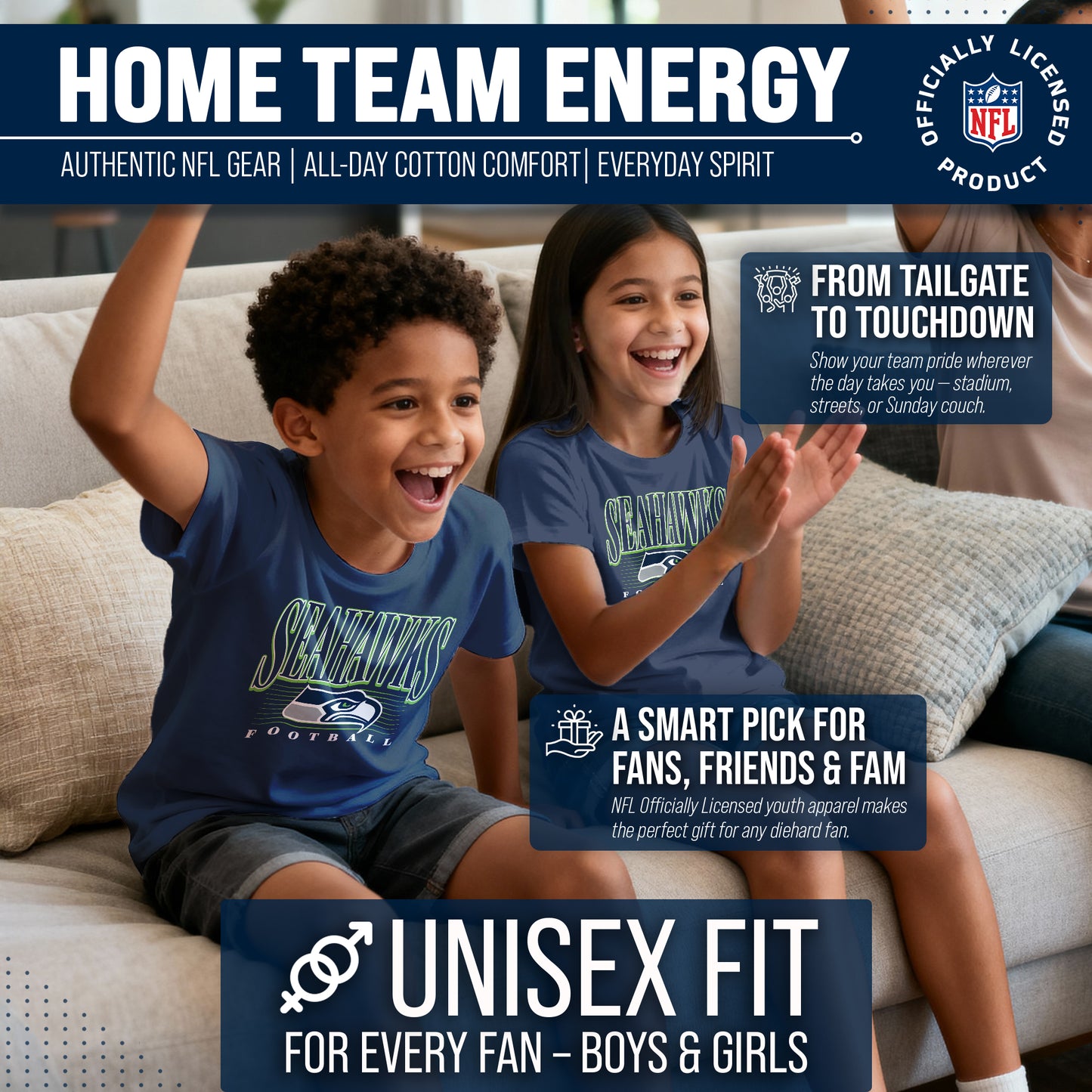 Seattle Seahawks NFL Youth Overtime Blueprint Football T-Shirt Unisex Tag Free Comfortable - Navy