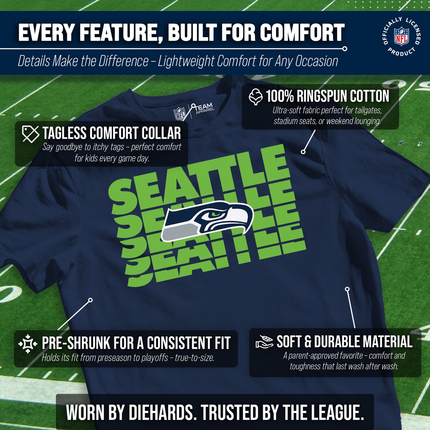 Seattle Seahawks NFL Youth Repeating Logo Football T-Shirt Unisex Tag Free Comfortable - Navy