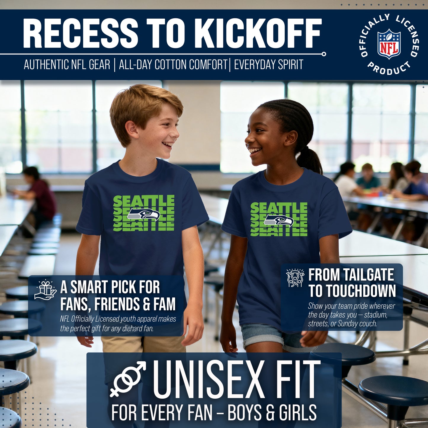 Seattle Seahawks NFL Youth Repeating Logo Football T-Shirt Unisex Tag Free Comfortable - Navy